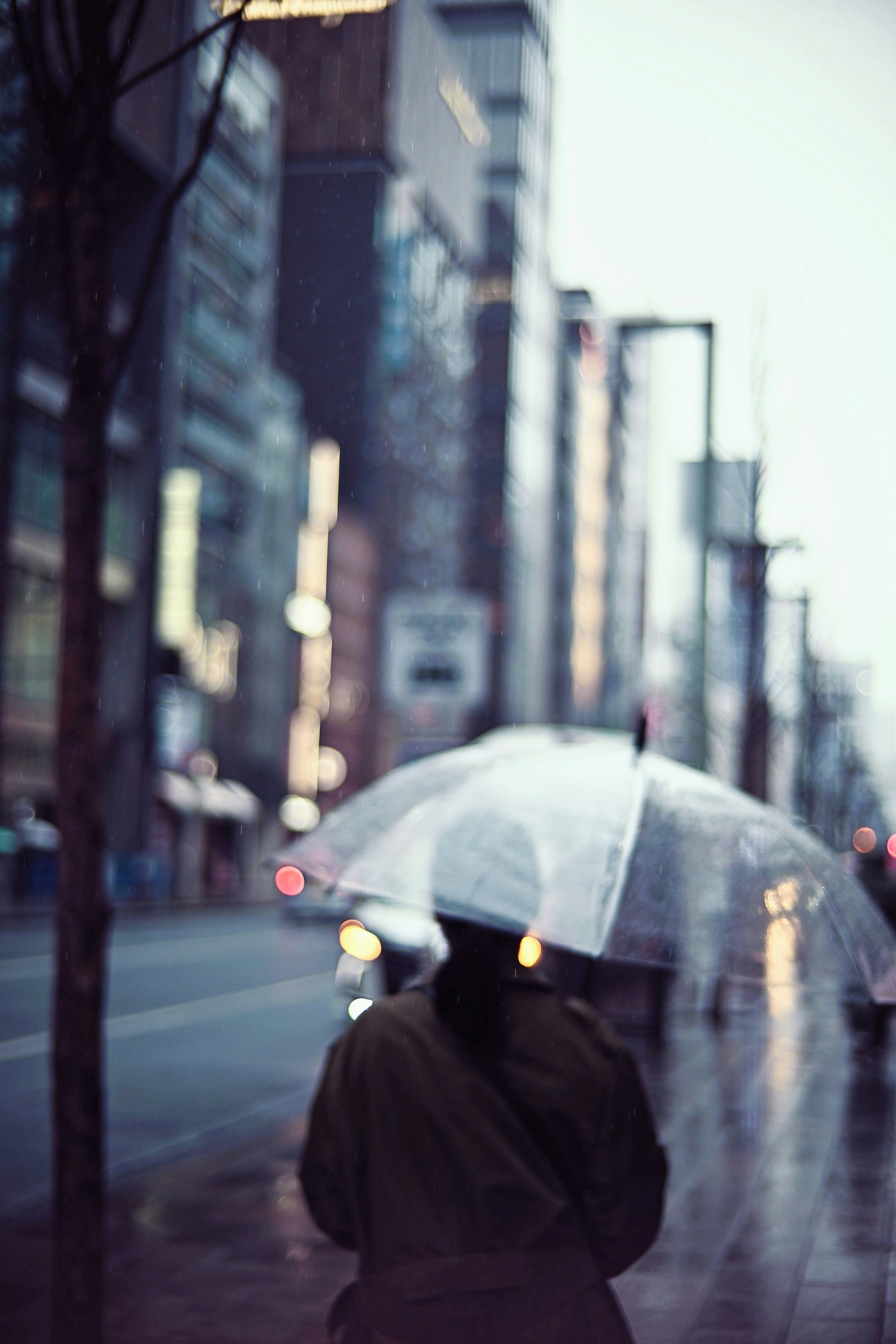 雨の街で傘をさす人の後ろ姿のストリート風景