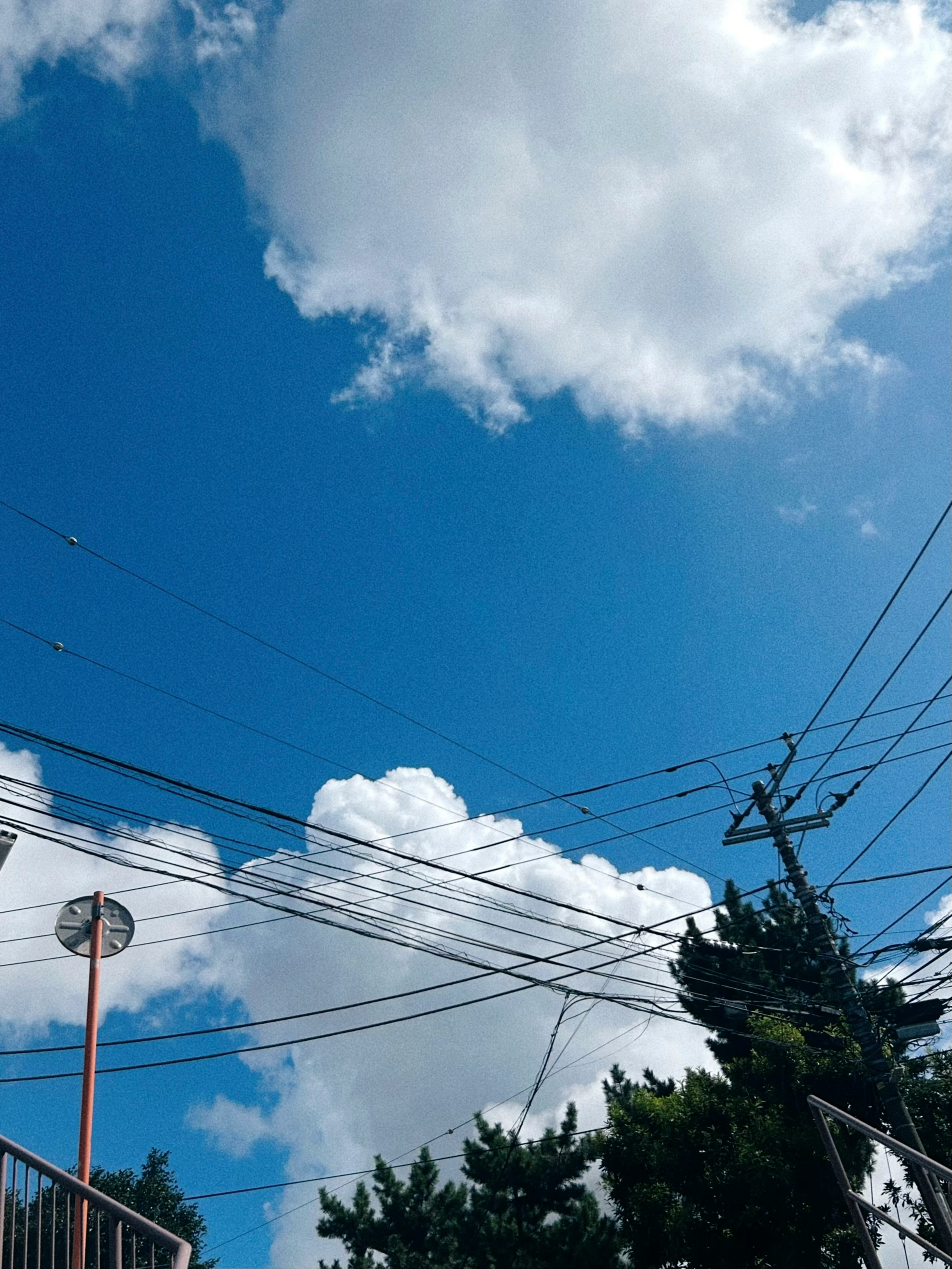 青空と雲、電線が走る街の空