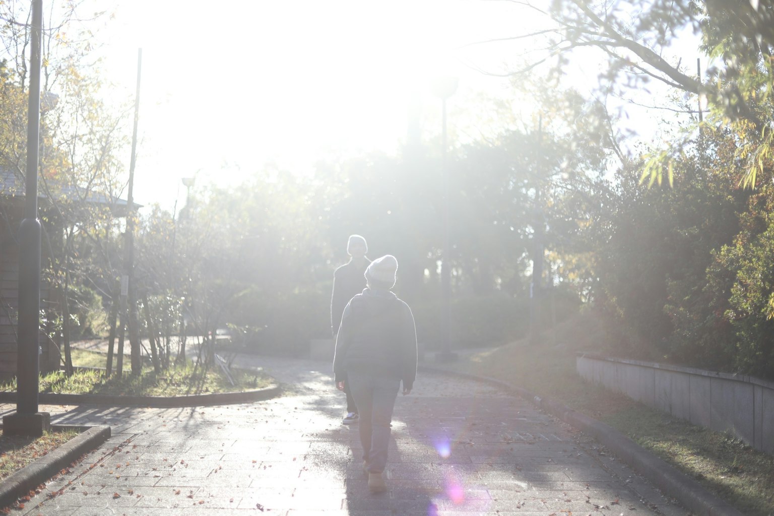 Person walking in bright sunlight on a path