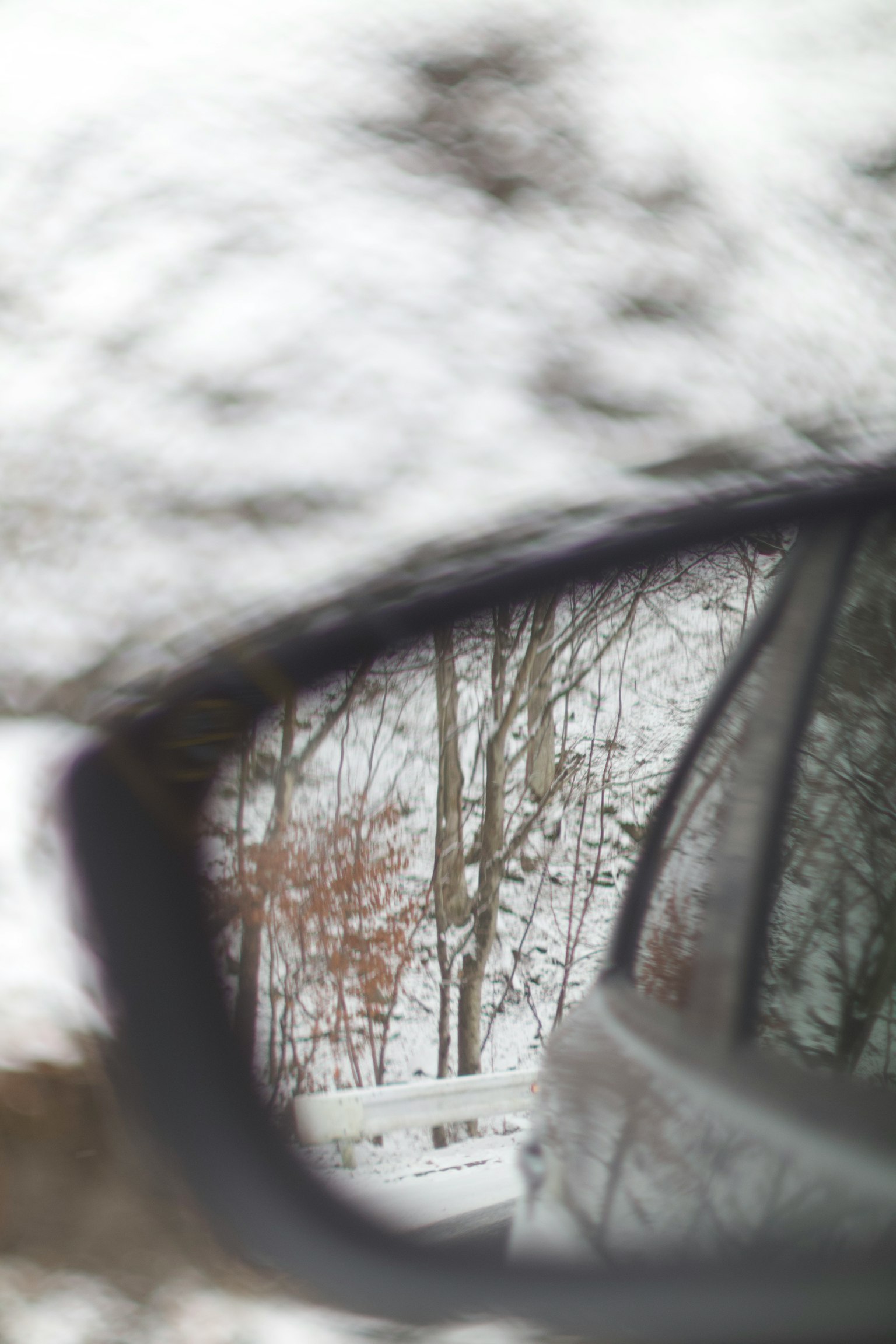 雪に覆われた風景が映る車のサイドミラー