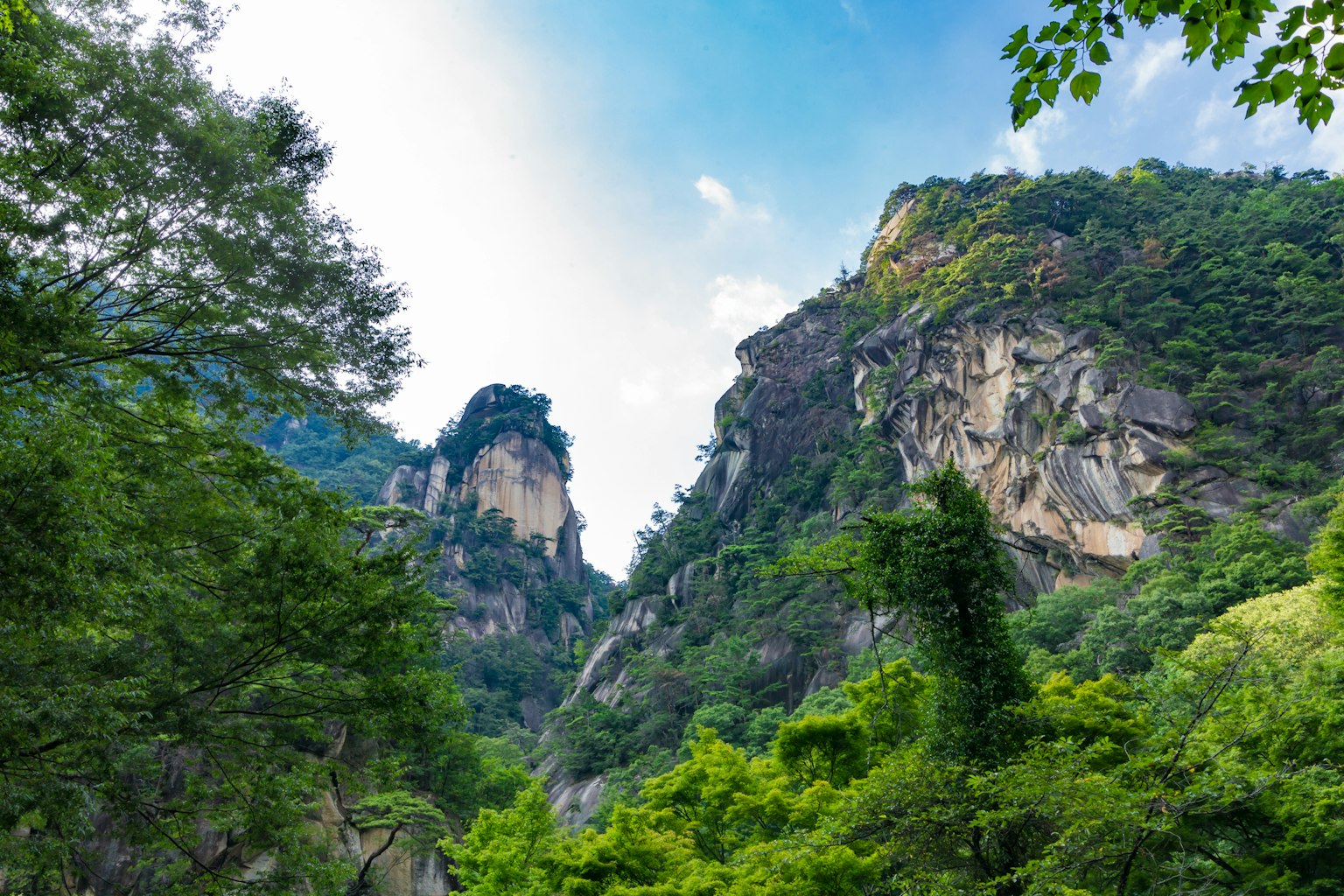 青天白云下郁郁葱葱的山景