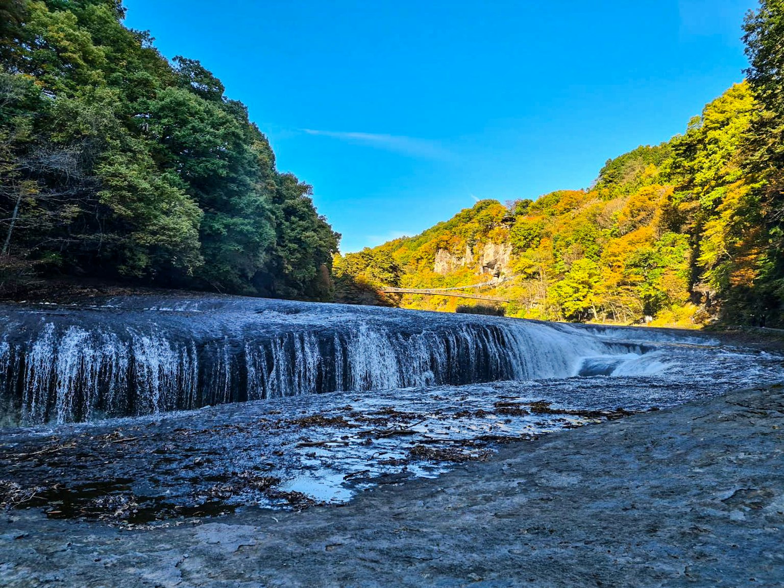 Chute d'eau pittoresque avec ciel bleu clair entourée d'arbres verts luxuriants