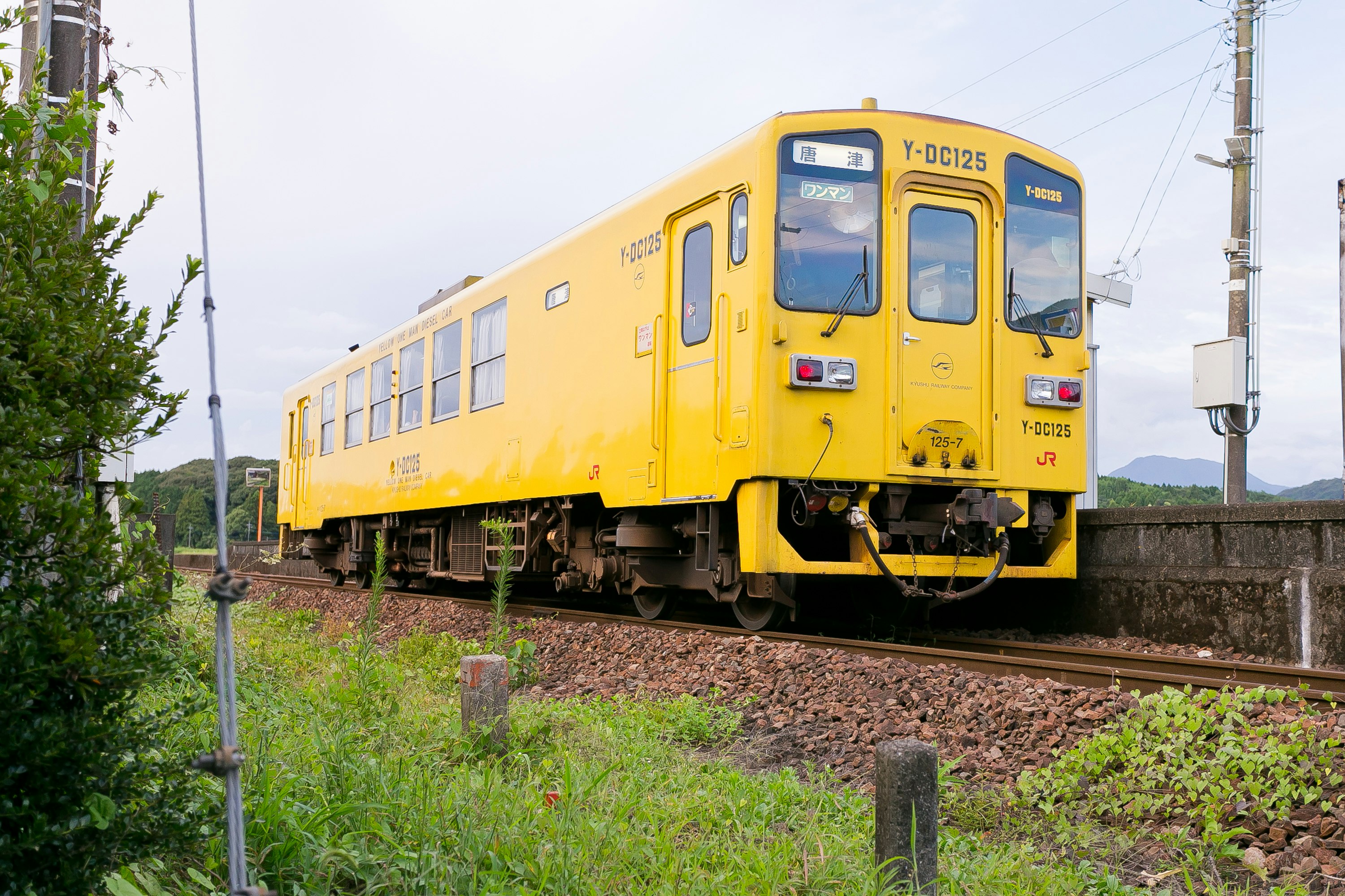黄色い車両の列車が線路を走る郊外の風景