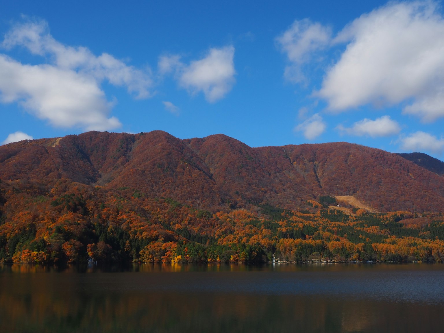 美丽的秋季风景，山脉和湖泊，五彩斑斓的树叶和蓝天