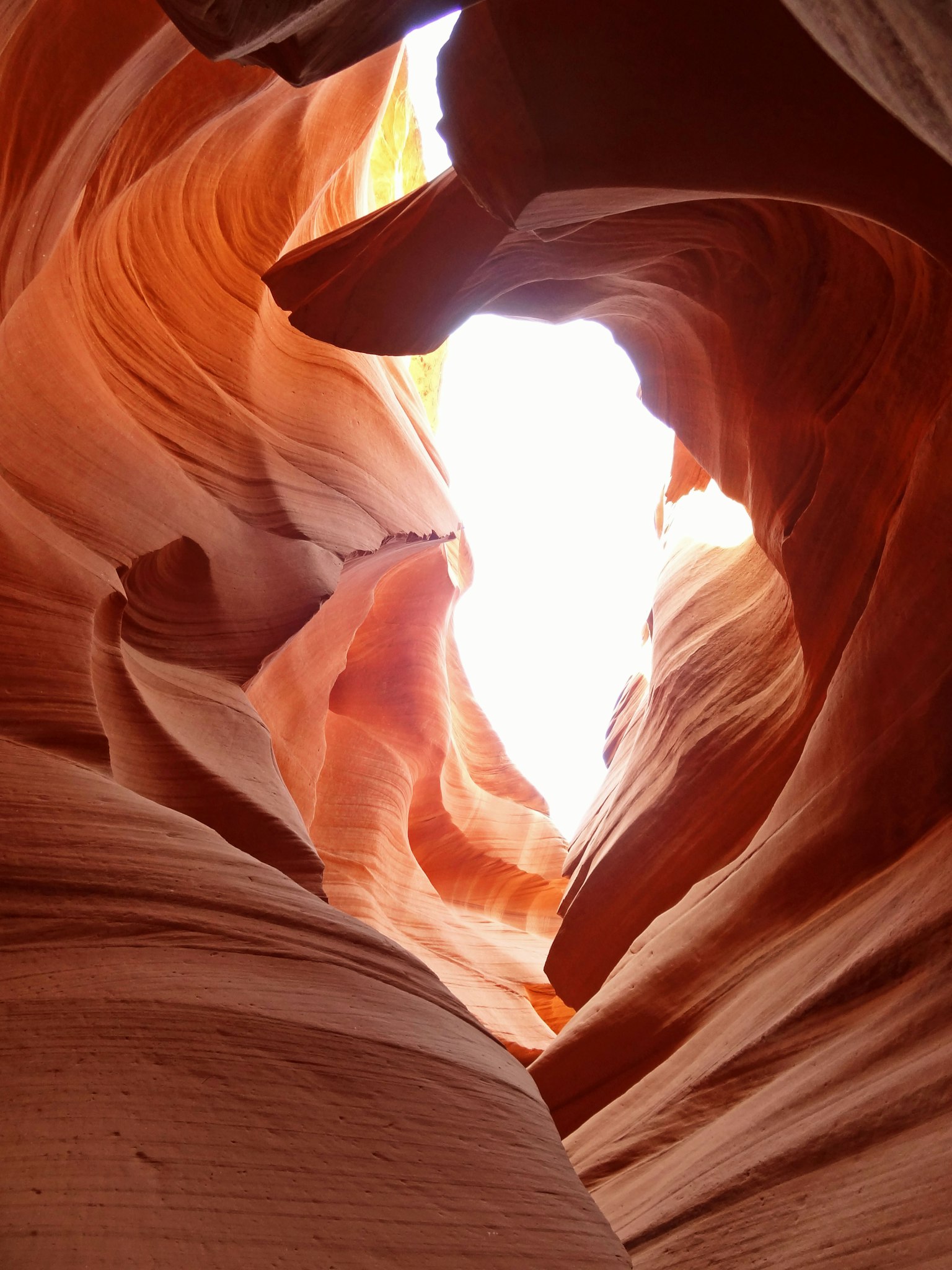 Vue de l'intérieur d'un magnifique canyon de roche orange lumière qui brille d'en haut