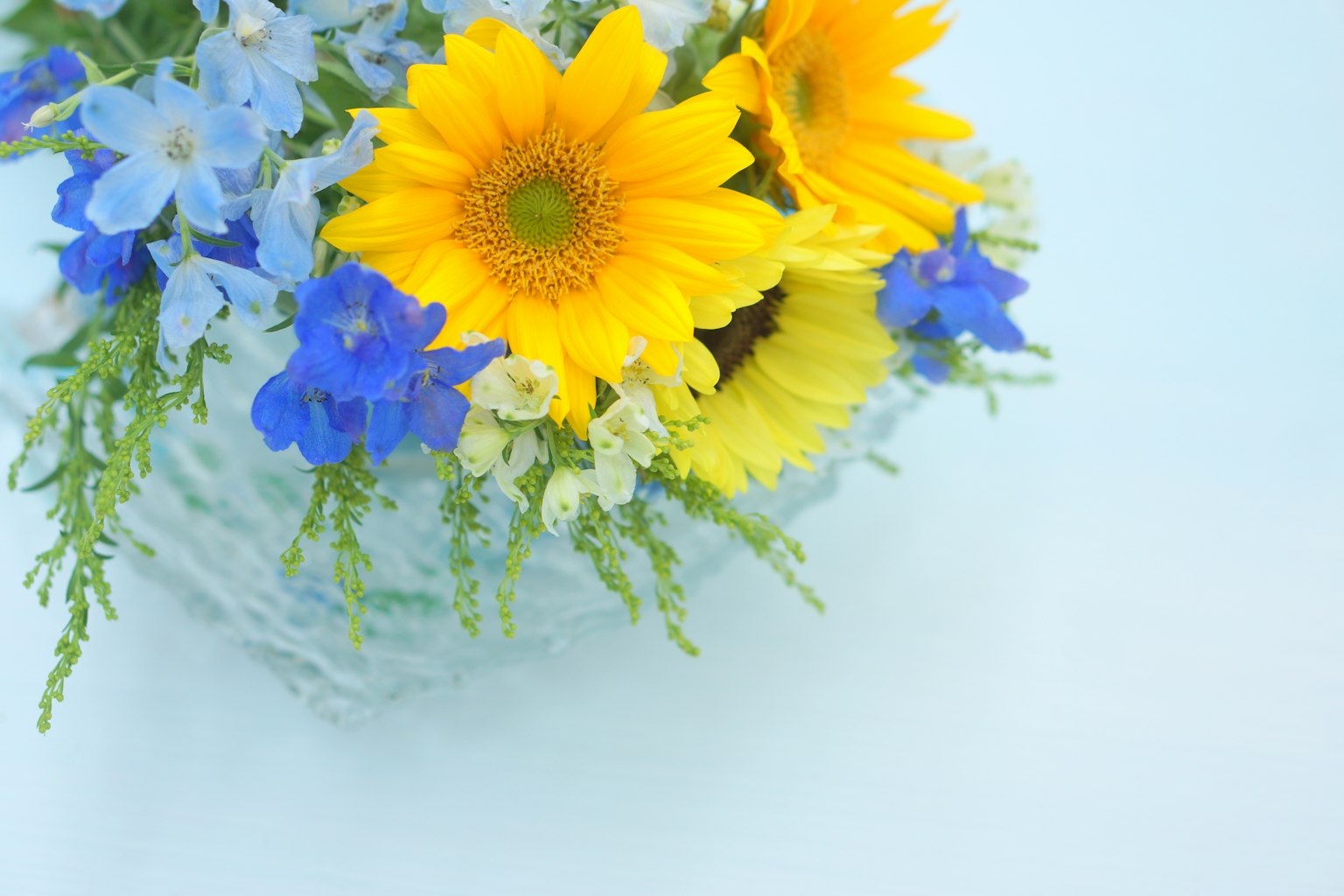 Arrangement magnifique de fleurs jaunes et bleues dans un panier