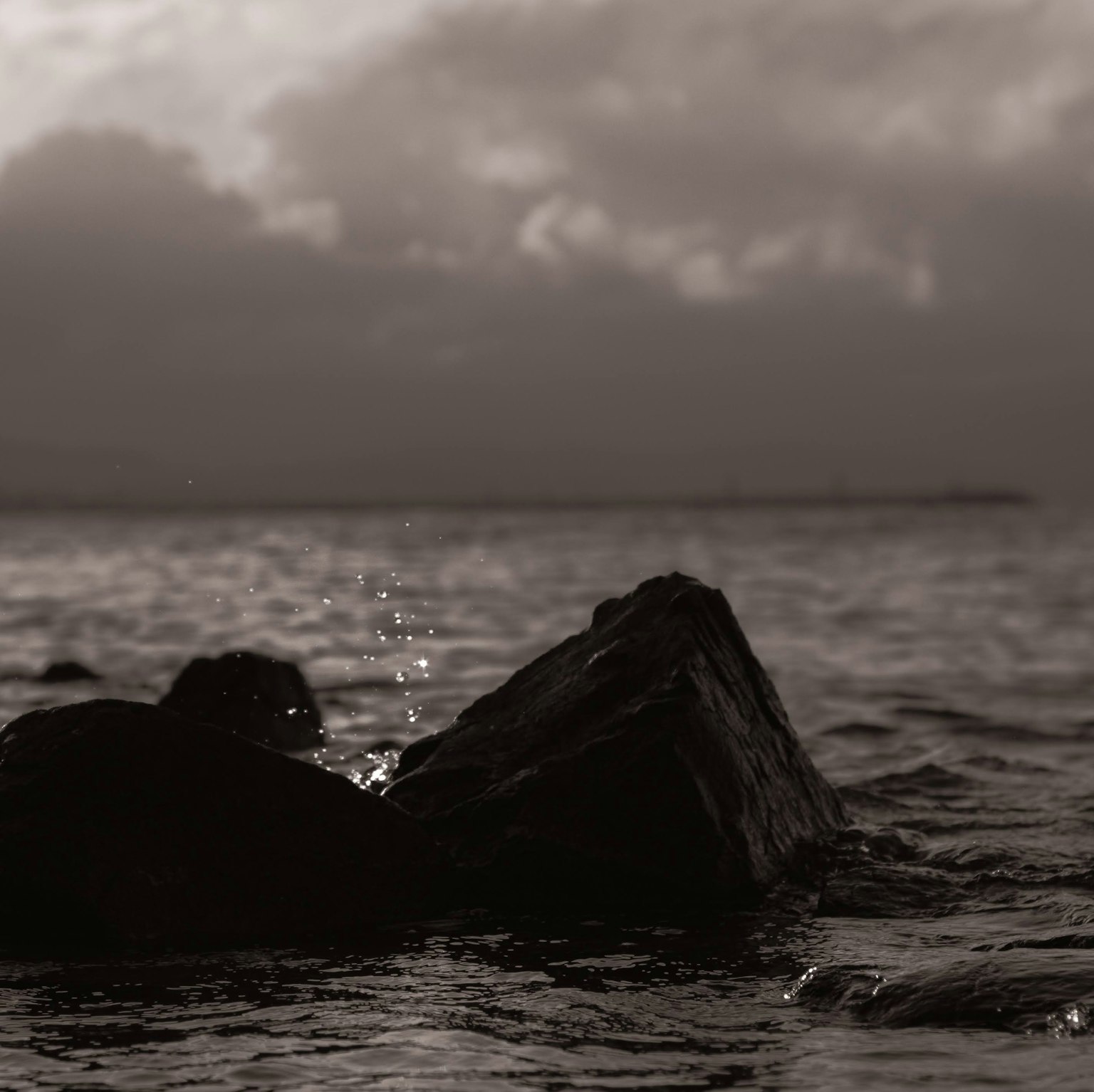 Foto en blanco y negro de una roca en el mar con salpicaduras de agua
