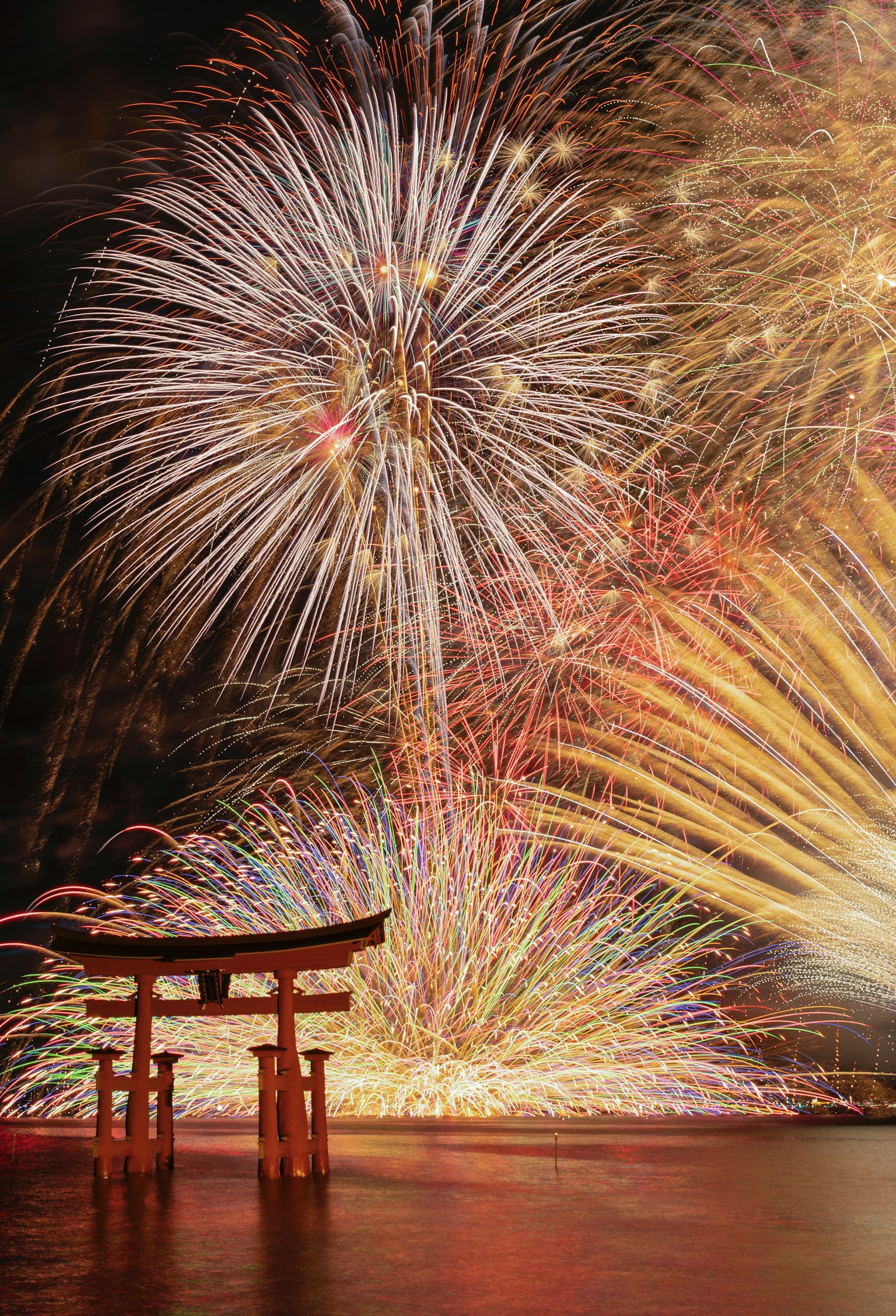 夜空に広がる花火と鳥居のシルエット