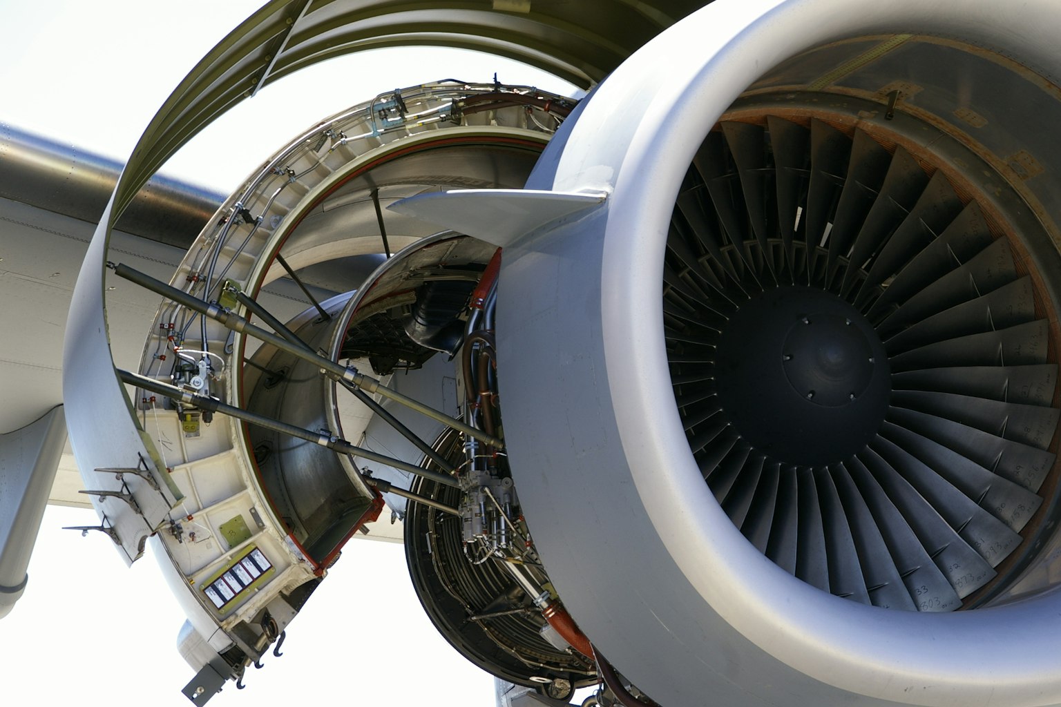 Close-up view of an aircraft engine's internal structure