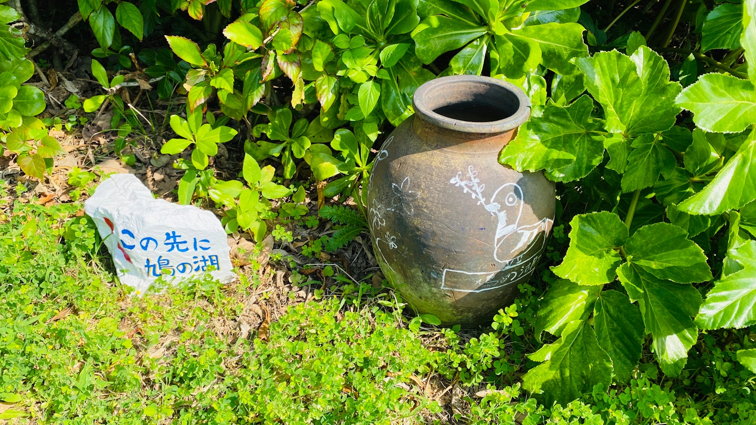 Pot en céramique noir entouré de plantes vertes et d'un panneau en pierre blanche