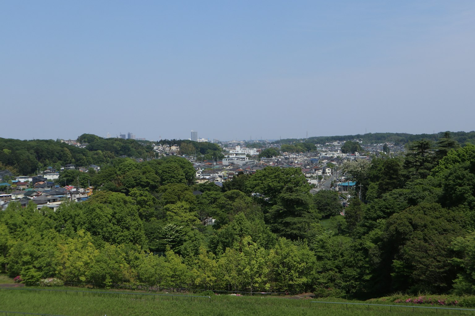 Lush landscape with a view of a town