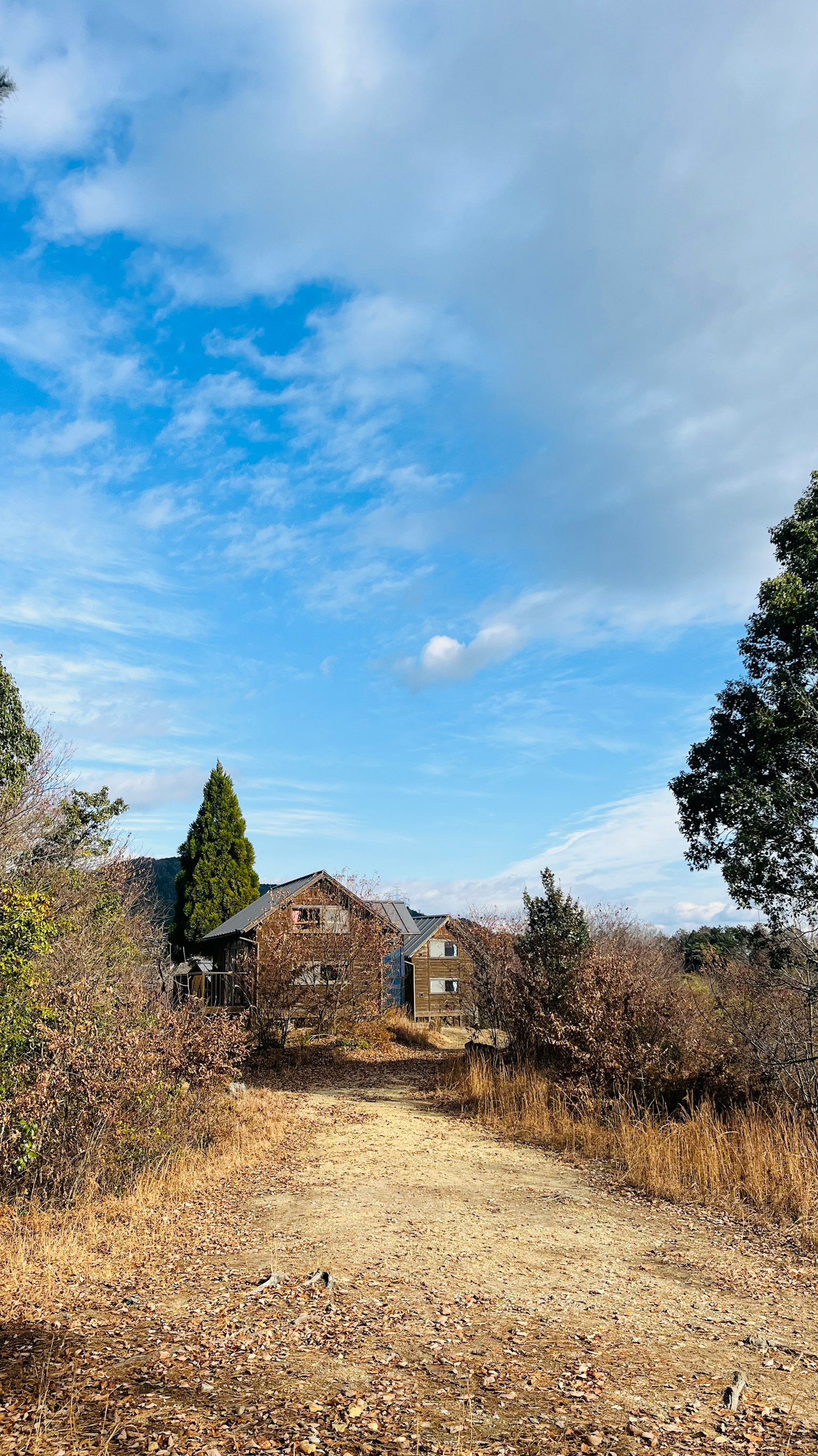 Pathway leading to an old house under a blue sky