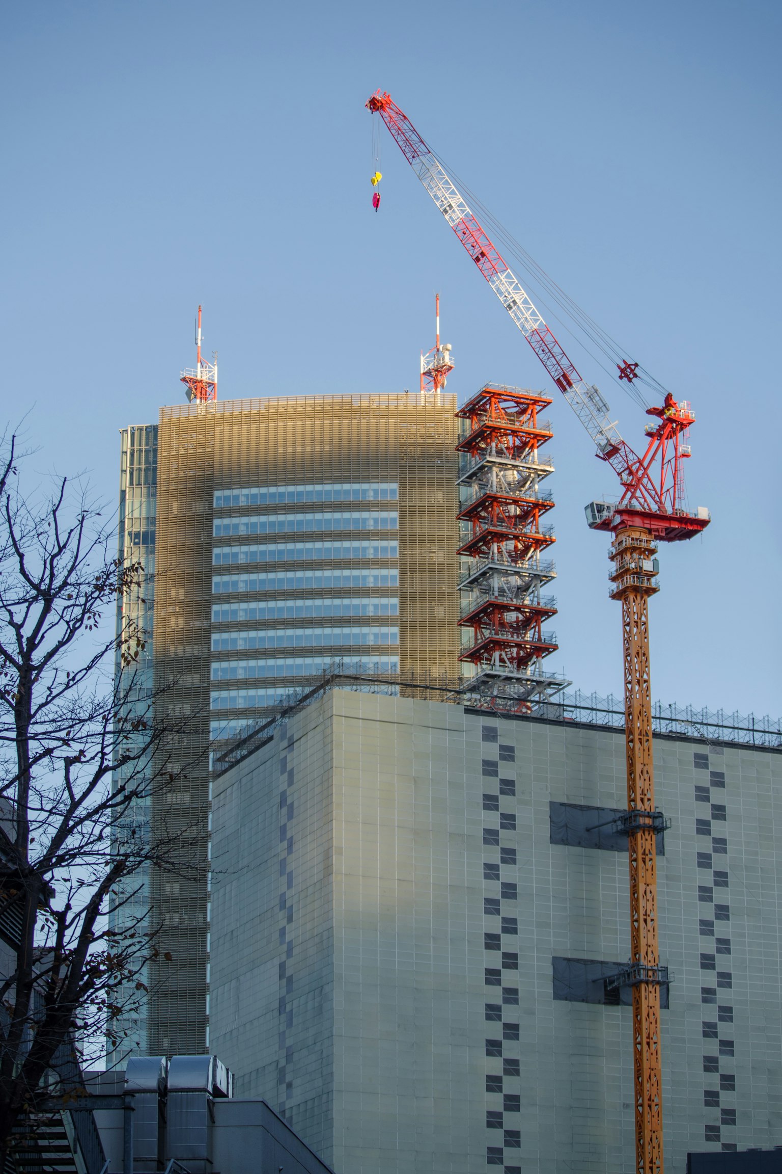 正在建設中的高層建築和起重機的圖像