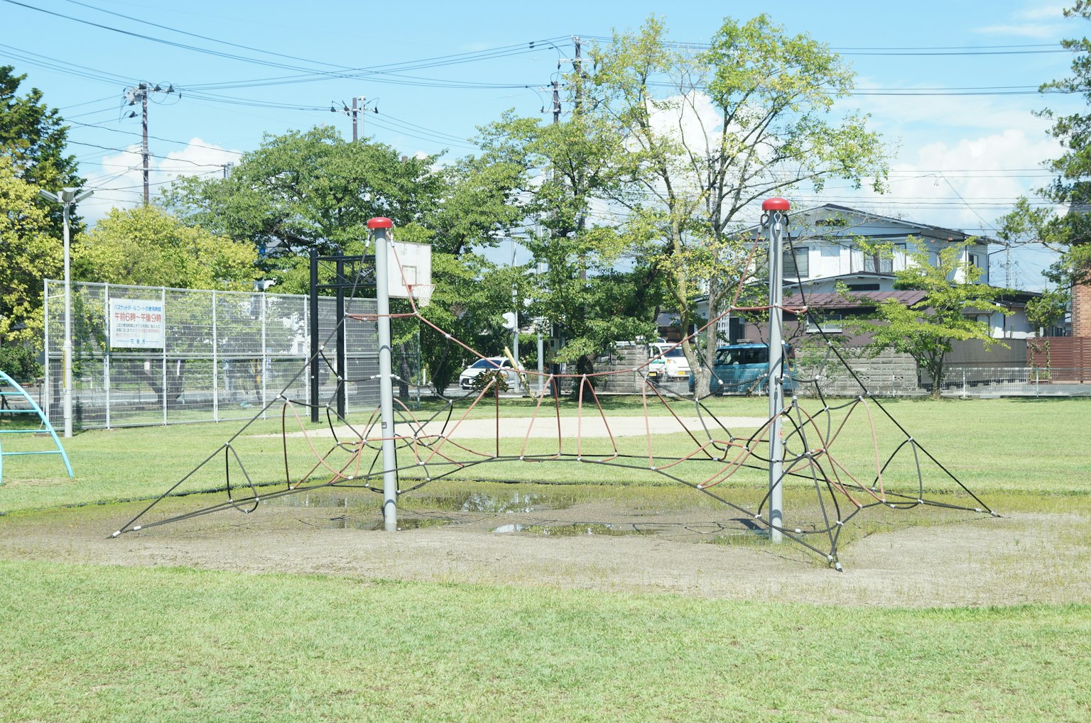 Struttura di arrampicata del parco giochi con design a rete circondata da alberi verdi