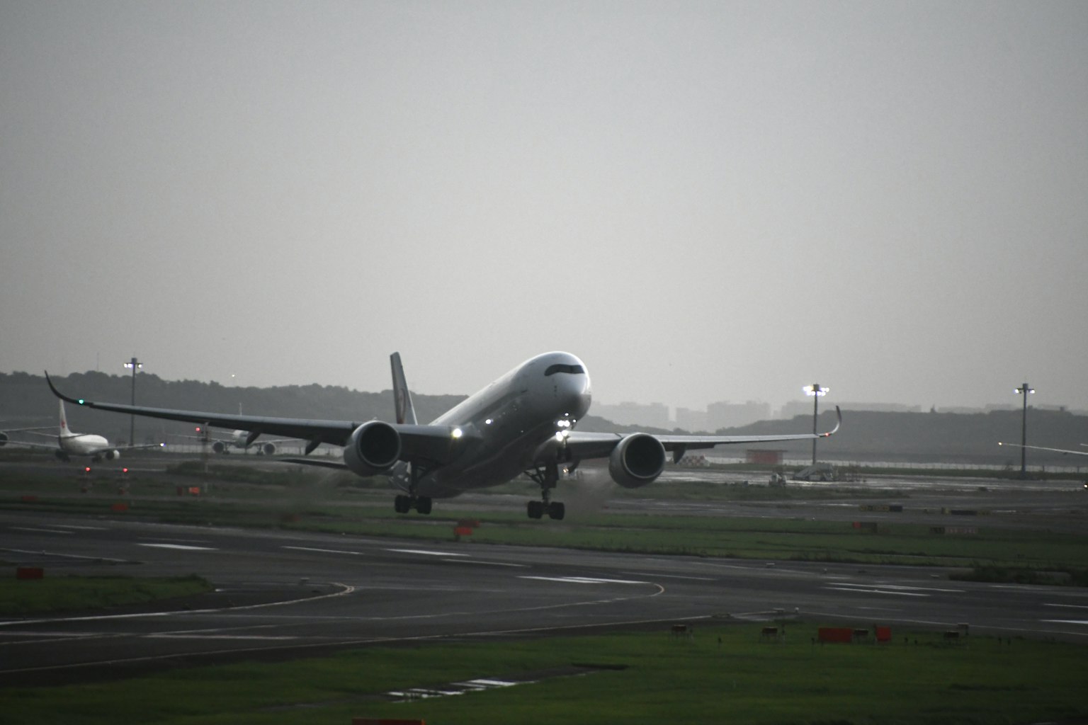 飛機在陰雲密布的天空下降落在跑道上