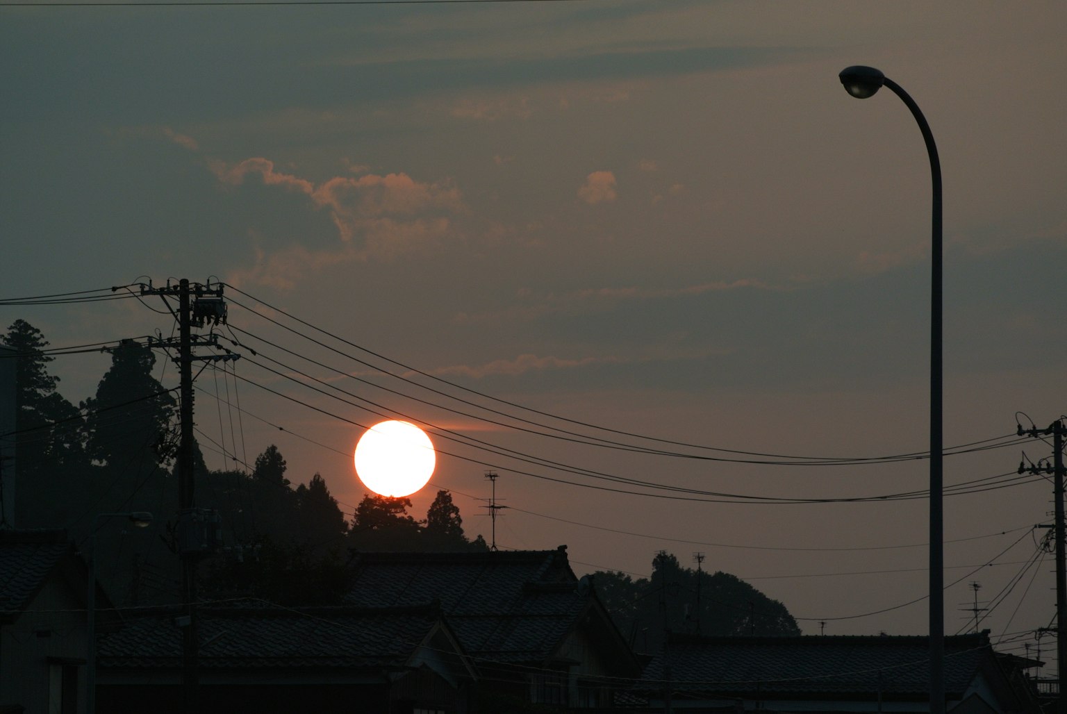 Sonnenuntergang über Häusern mit silhouettierten Bäumen