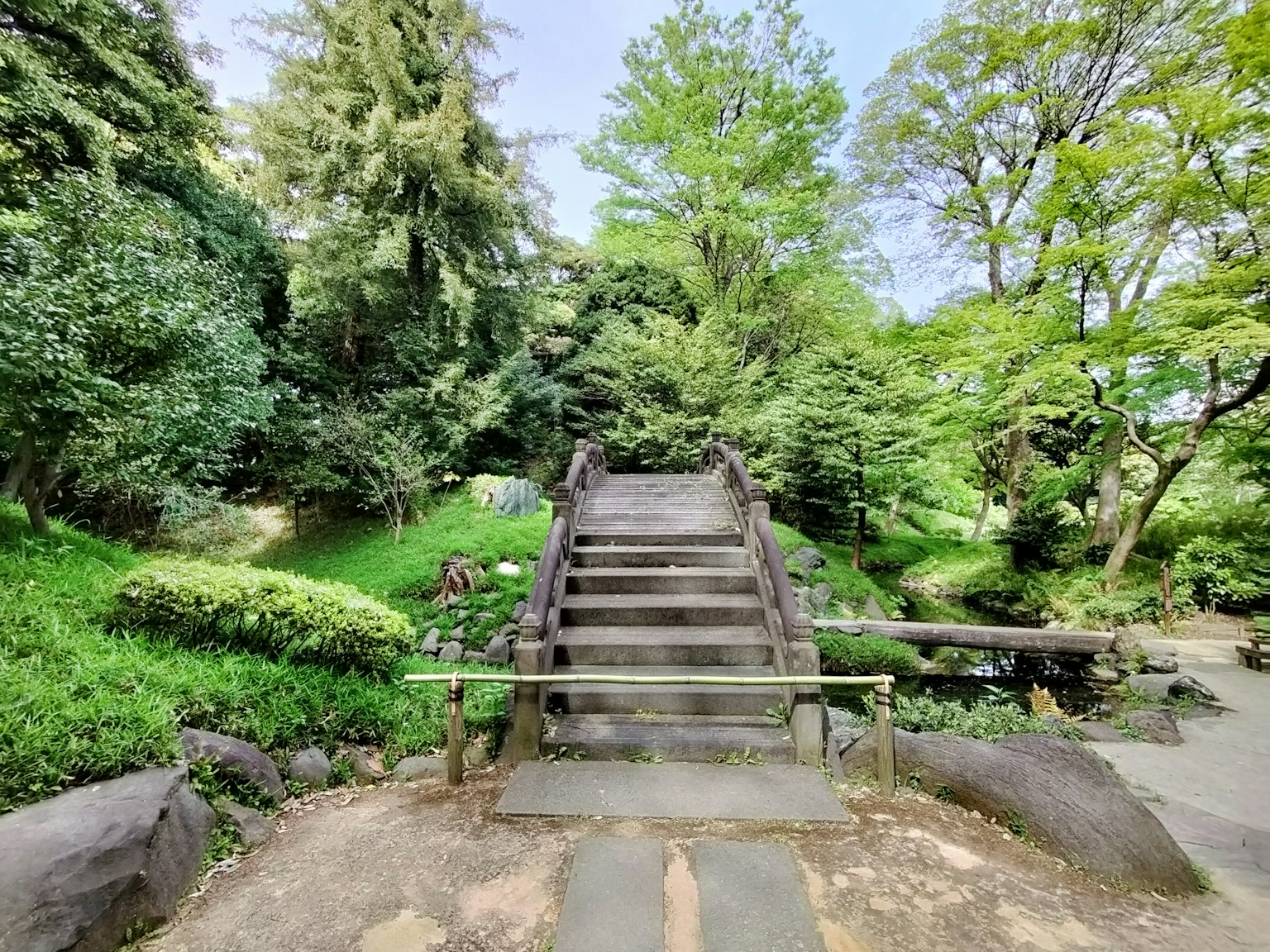Ponte in pietra in un giardino lussureggiante