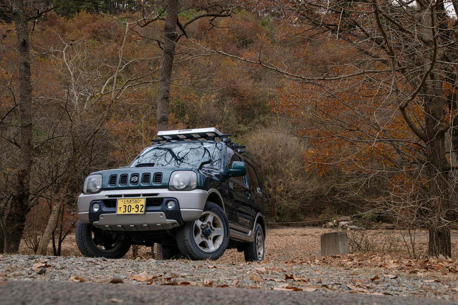 SUV garé parmi les arbres dans un paysage d'automne