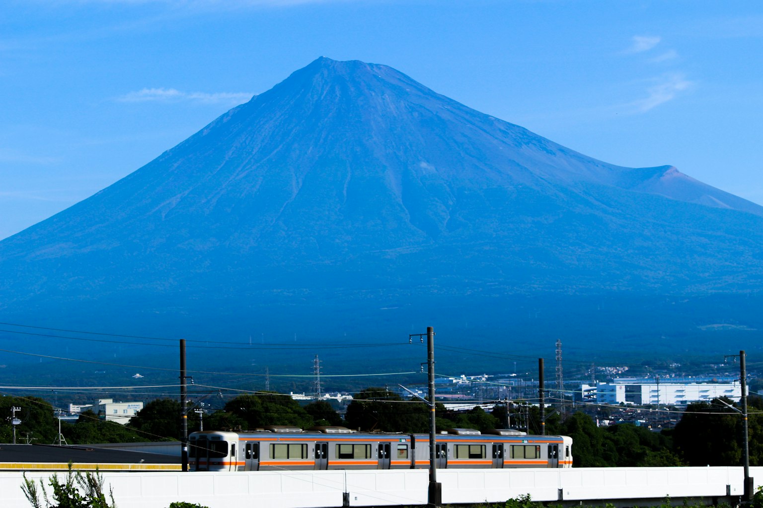 Scenic view of Mount Fuji with a train in the foreground
