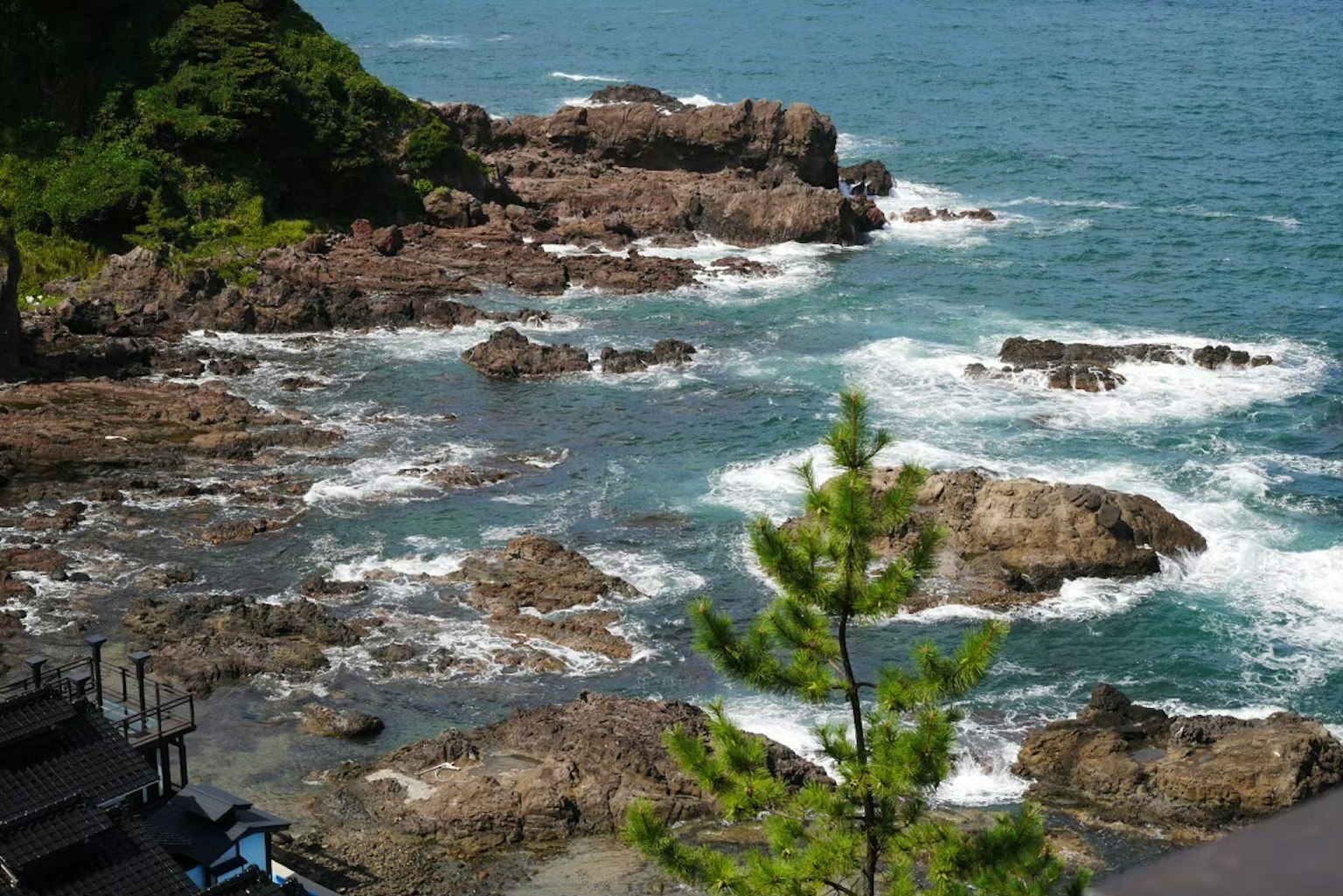 Malersiche Aussicht auf den blauen Ozean mit felsiger Küste und grünem Blattwerk