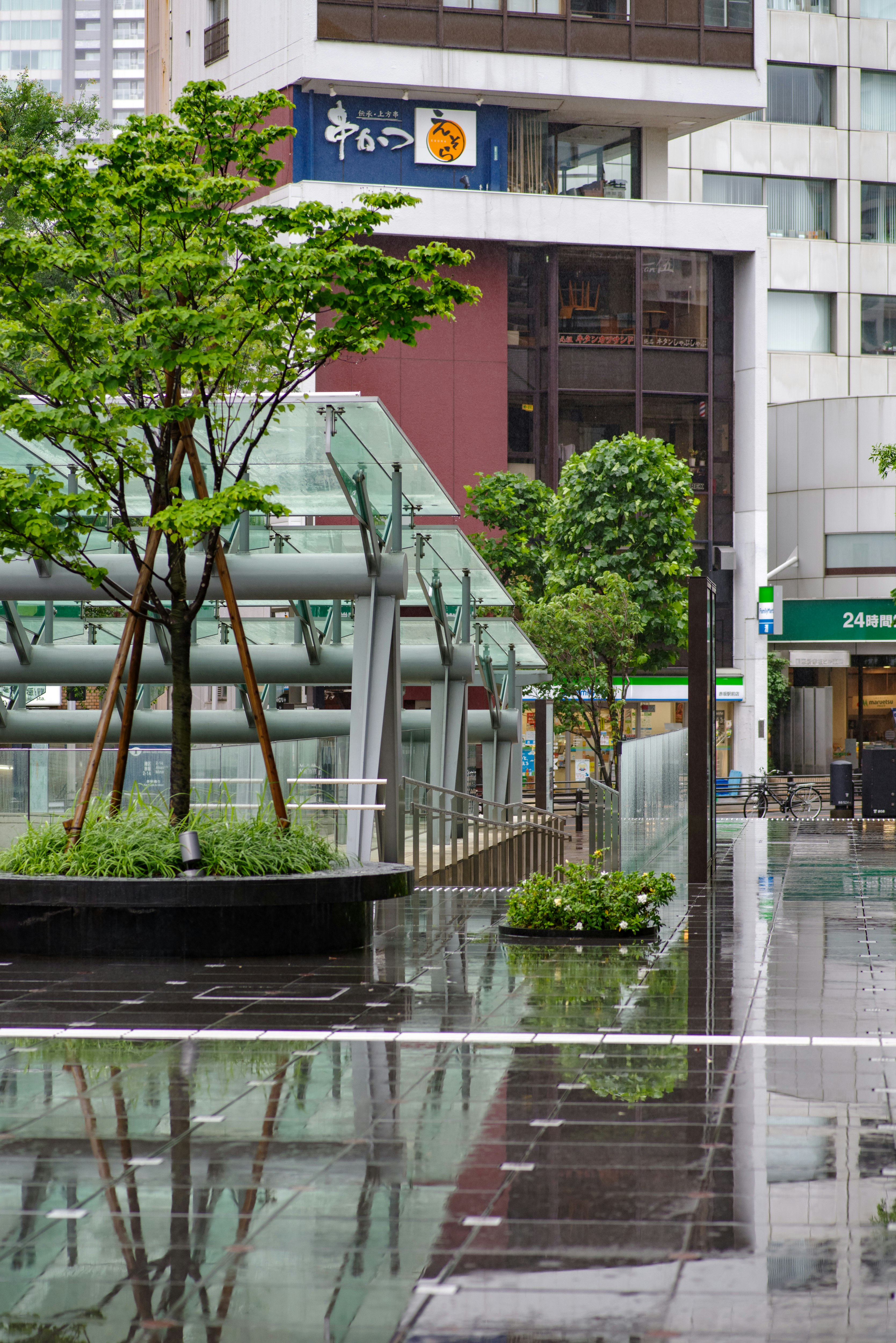 landscaping and walkway in front of a glass building