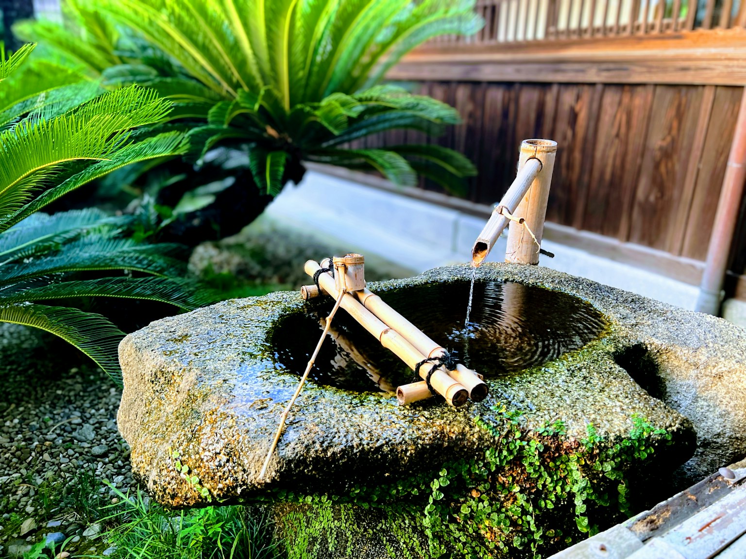 Japanischer Garten mit Bambuswasserquelle und Steinbecken