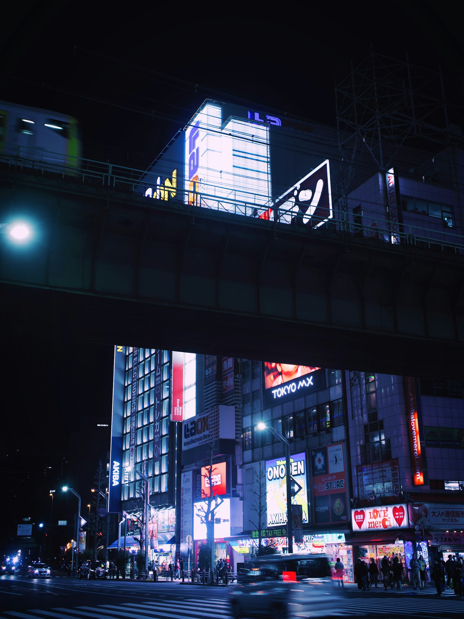 夜の渋谷の街並み 鮮やかなネオン看板と高架鉄道