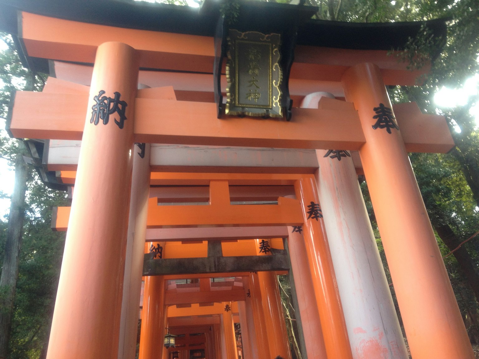 A perspective view of overlapping orange torii gates featuring a decorative lantern at the top