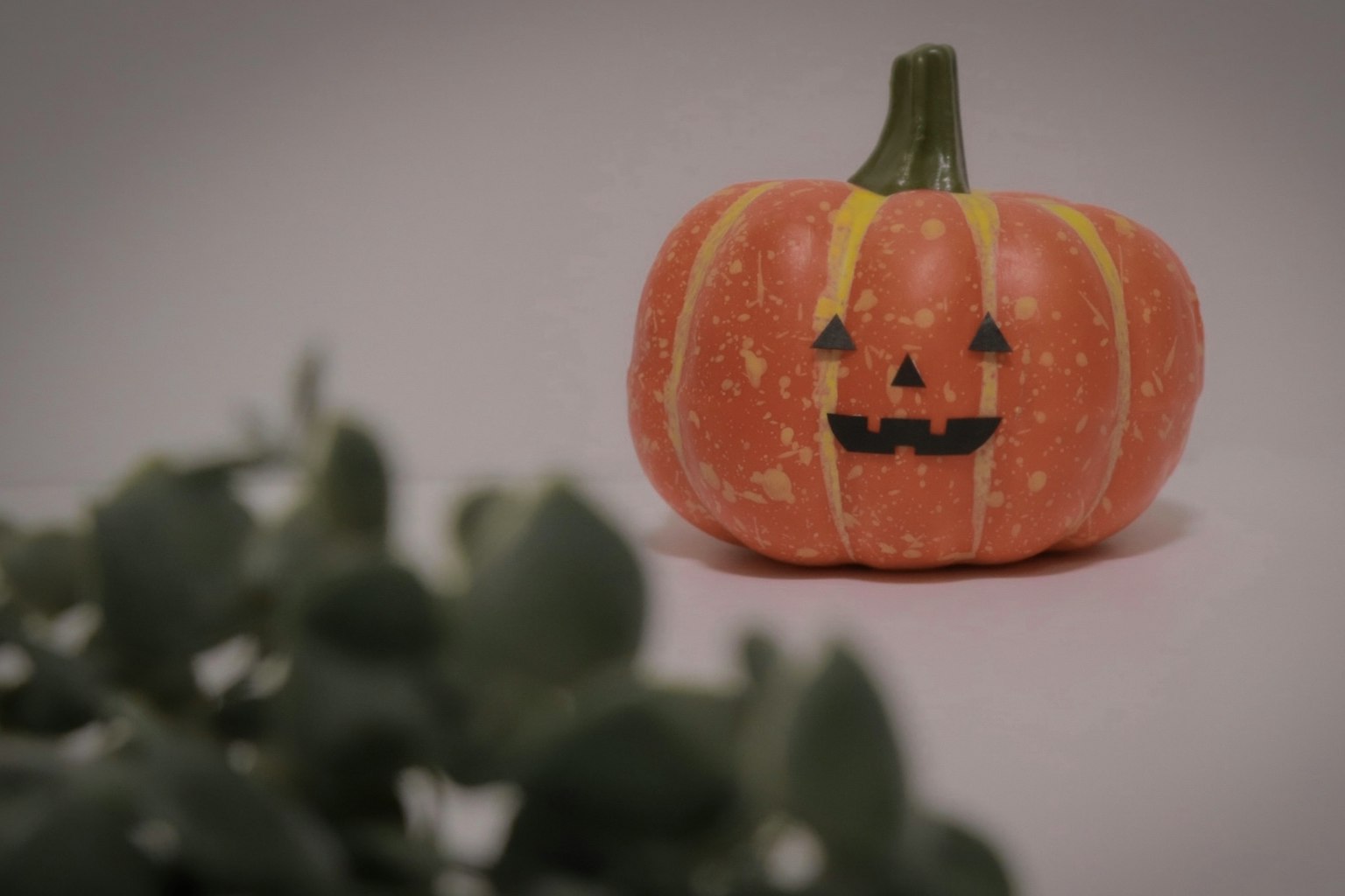 Kecil labu dengan wajah jack-o'-lantern dan tanaman hijau di latar depan