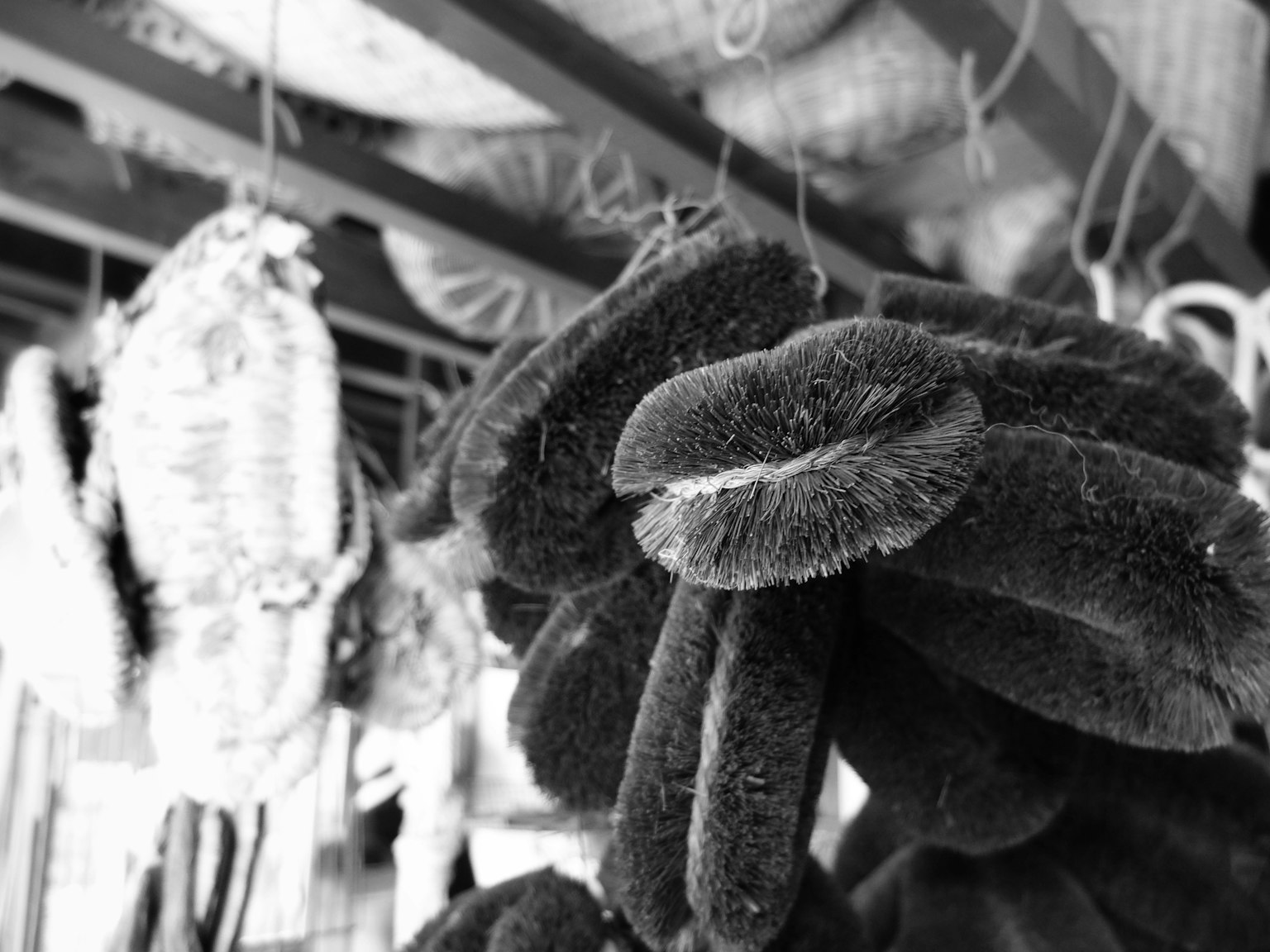 Un manojo de esponjas suaves colgando en un fondo en blanco y negro