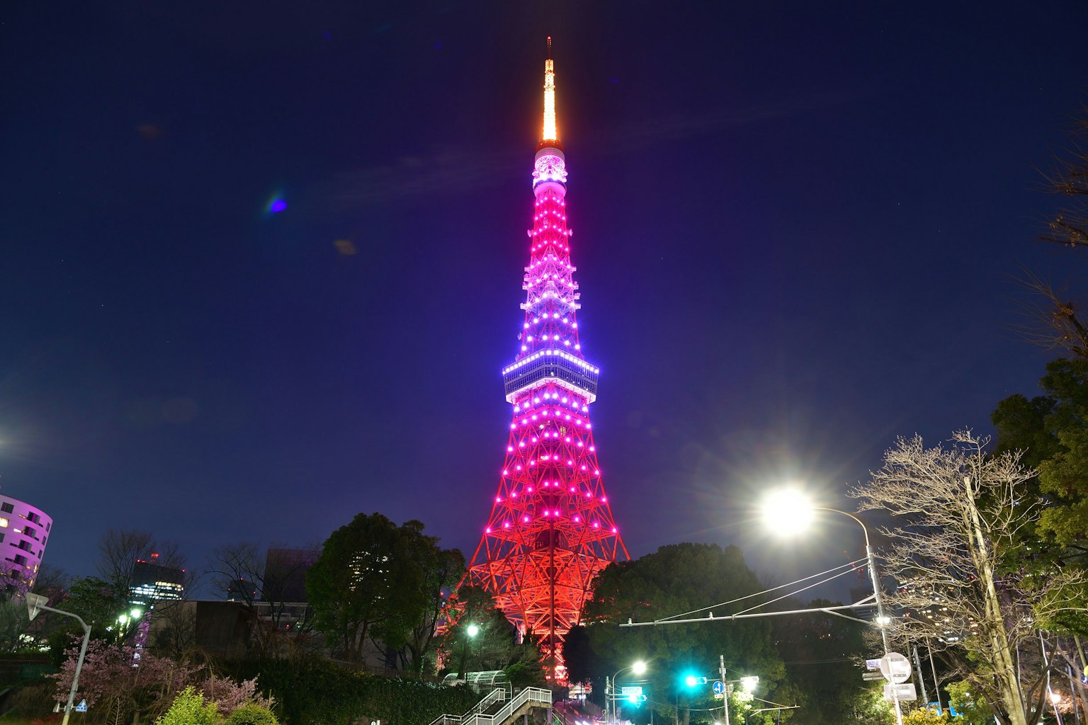 Tour de Tokyo illuminée en lumières rouges et violettes la nuit