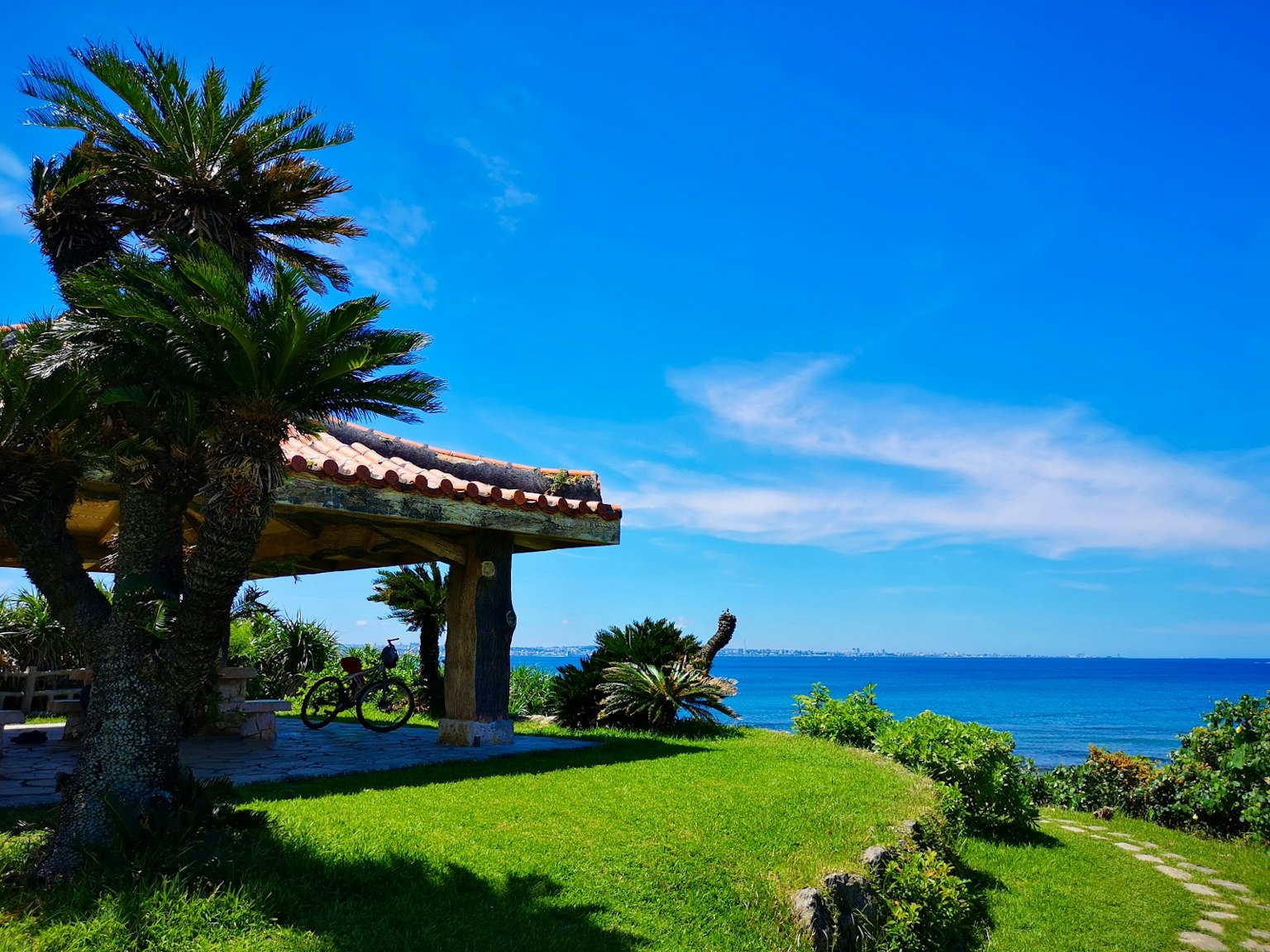 House with palm trees and lush green garden under blue sky and sea