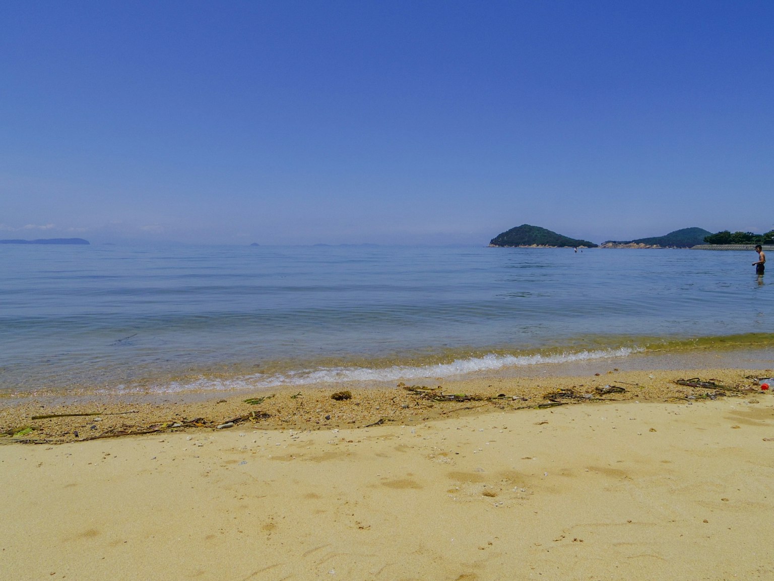 Une scène de plage avec un ciel bleu clair et une mer calme