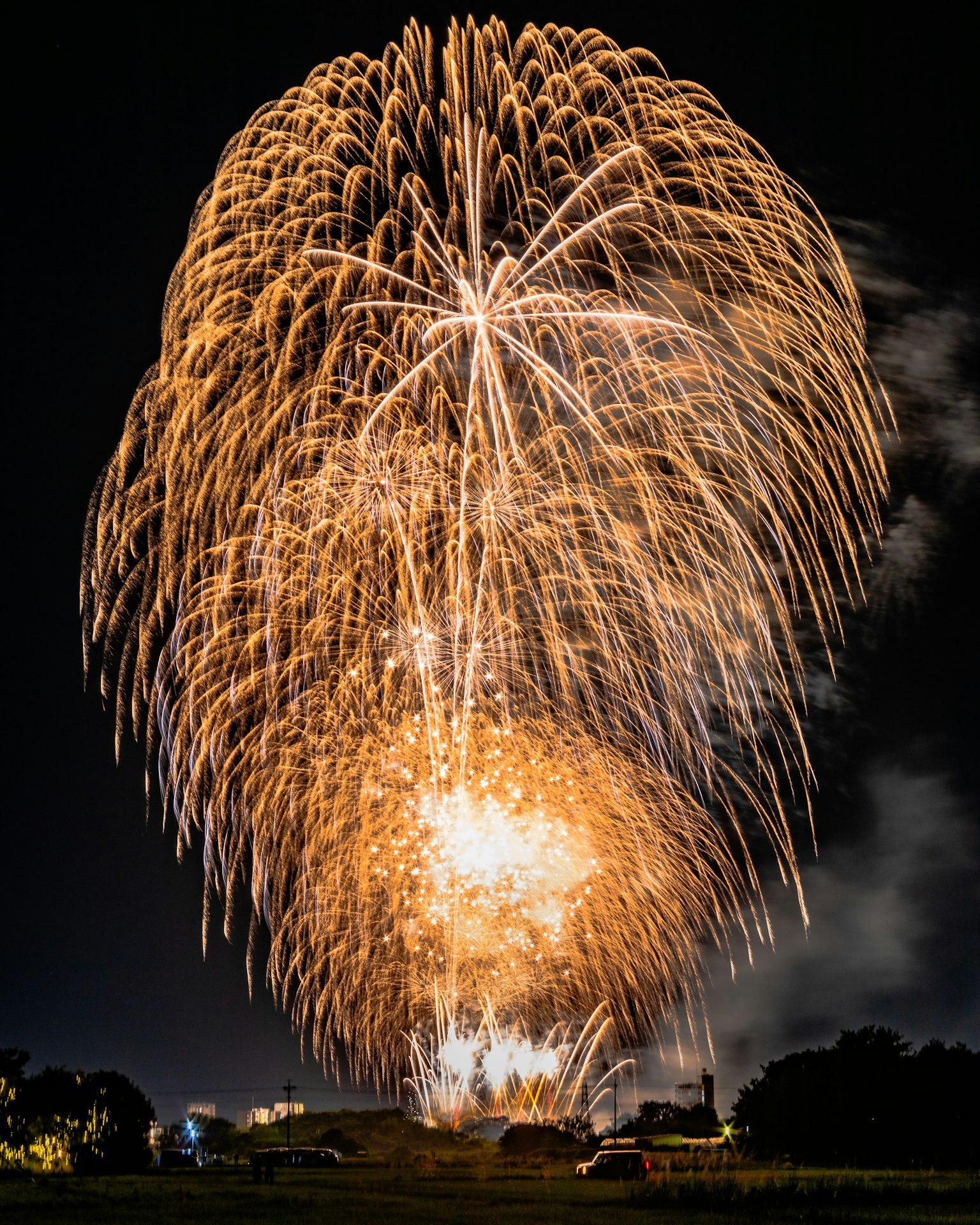 夜空中绽放的绚丽烟花秀金色火花和烟雾