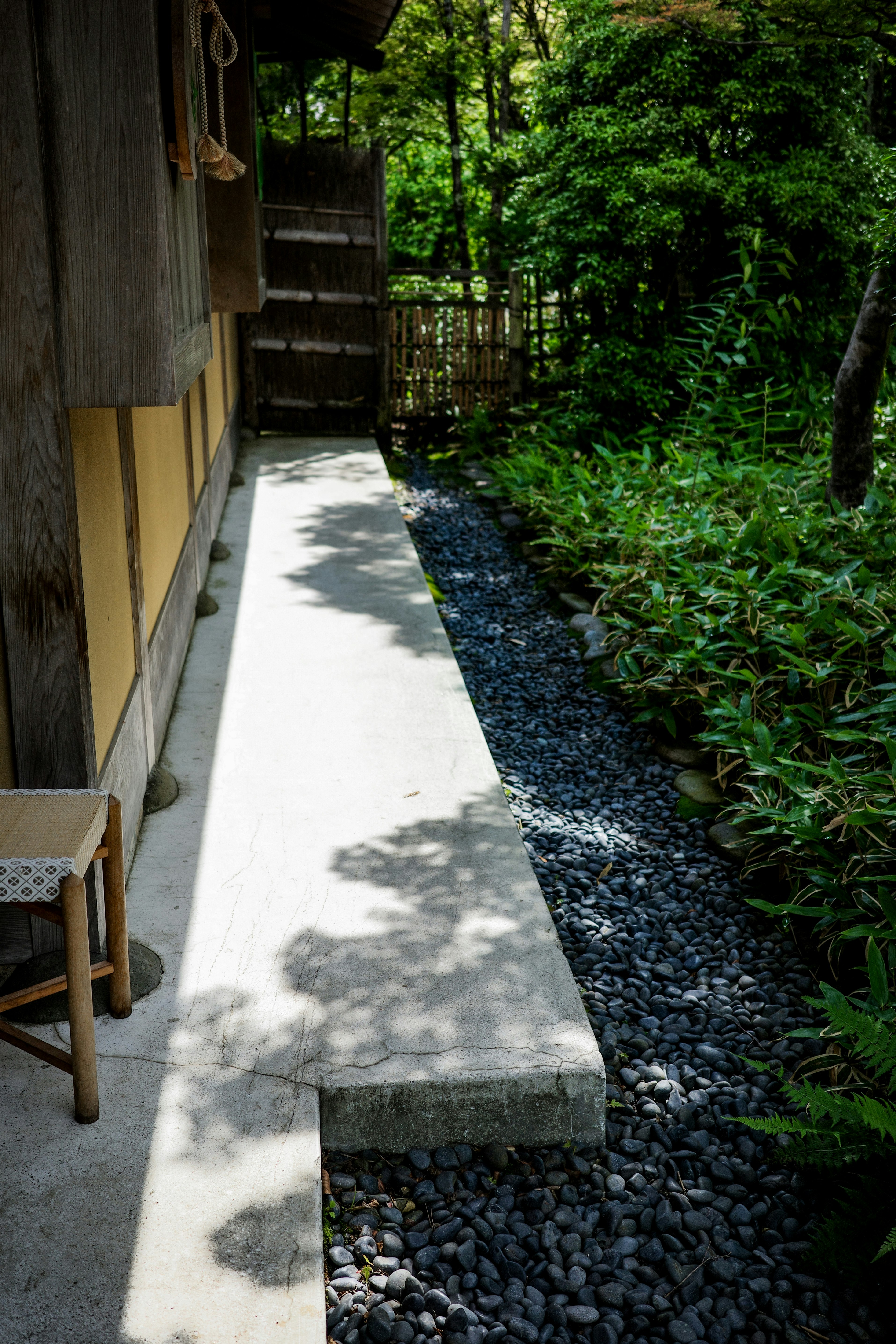 木陰の庭に続く石畳の小道と縁側