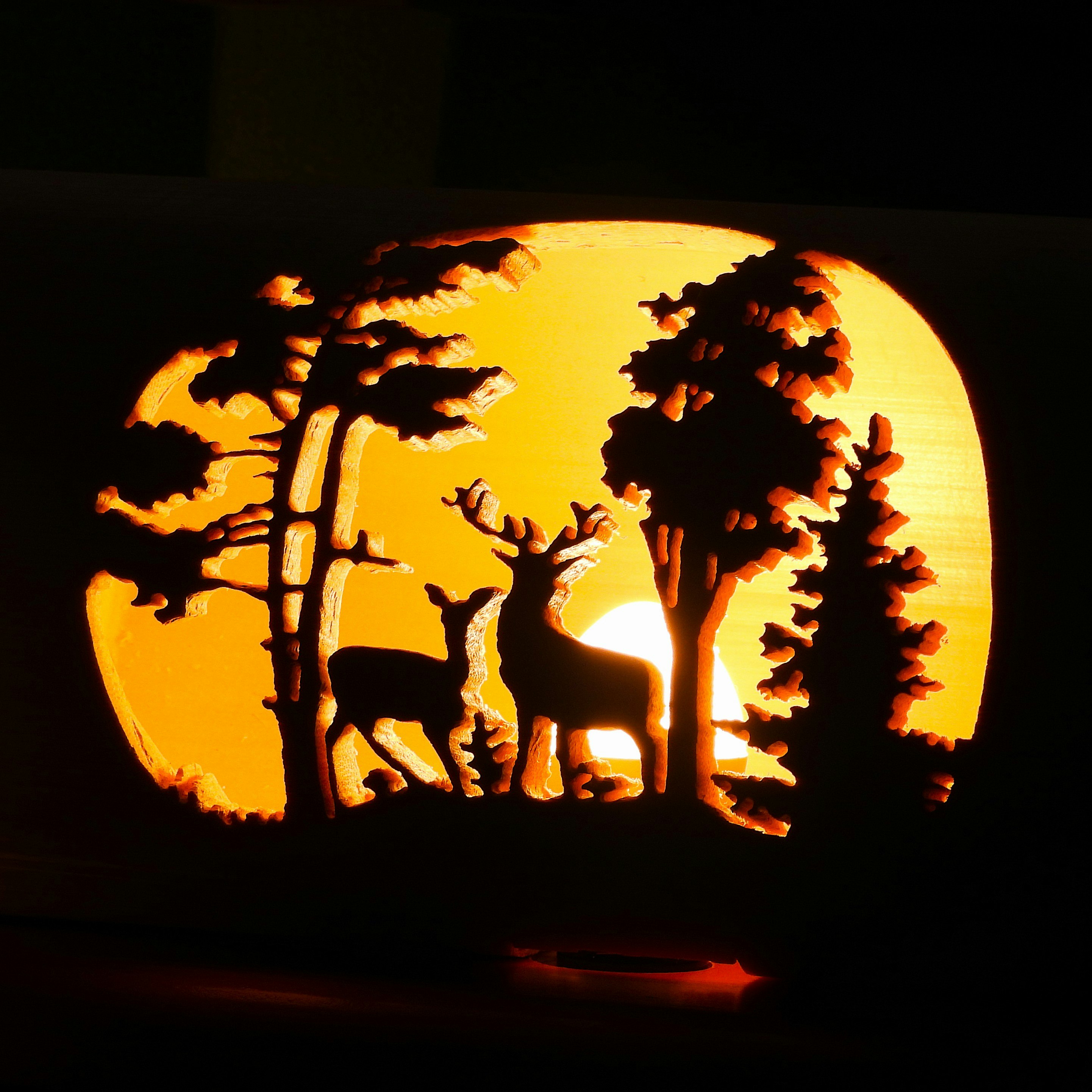影絵のようなシルエットで描かれた木と動物たちのある夕日