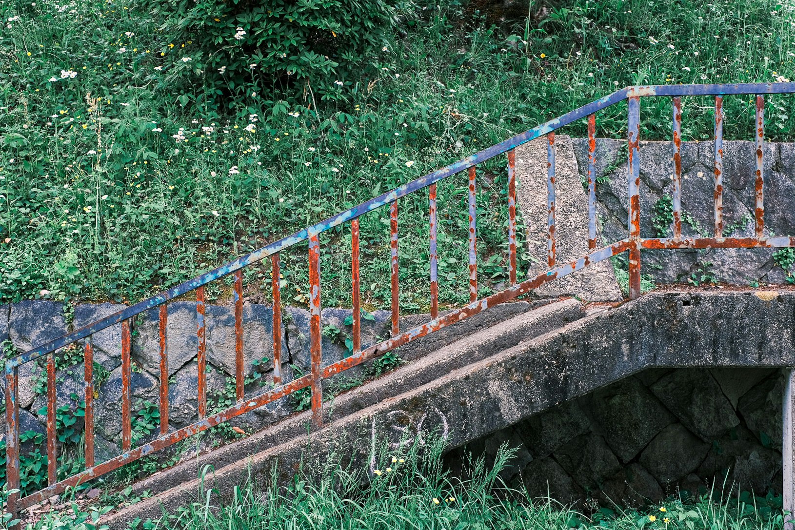 small concrete bridge with railings in grassy greenery
