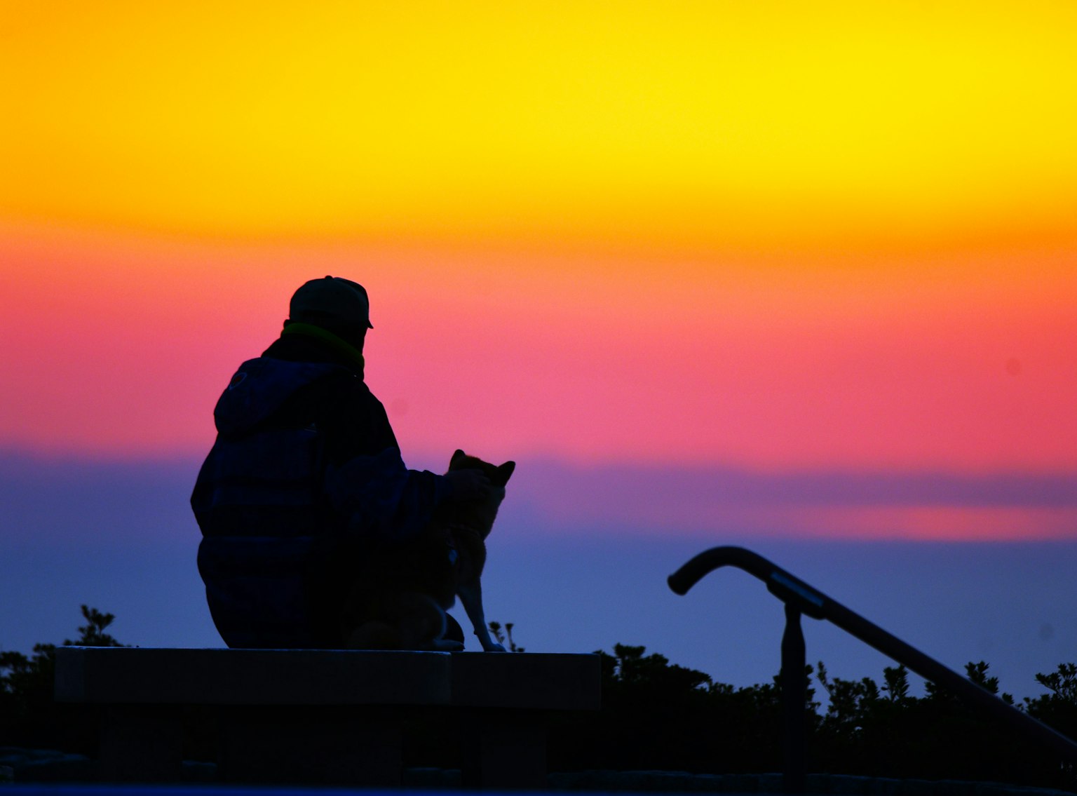 Silhouette di una persona seduta con un cane contro un tramonto colorato