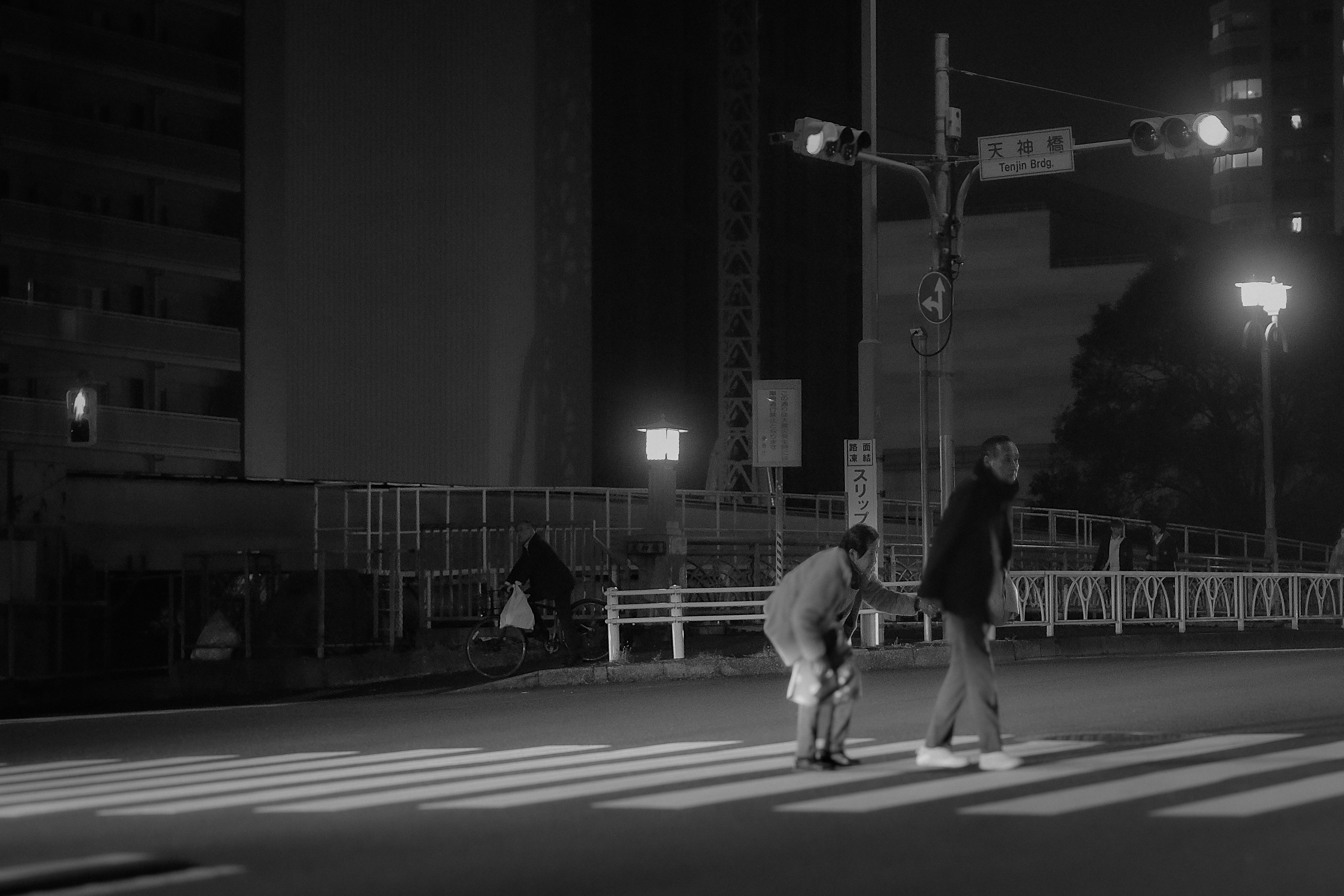 夜の横断歩道を歩く親子の後ろ姿