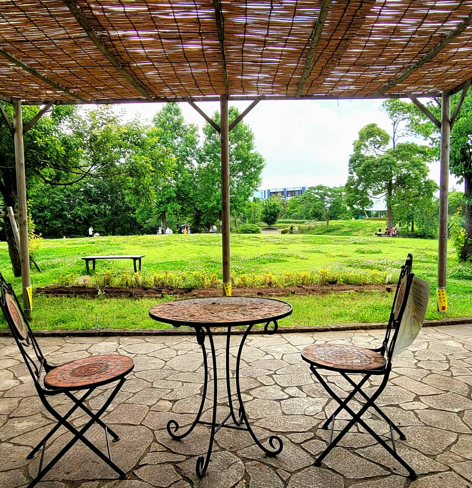 一個露台上有一張桌子和兩把椅子，俯瞰綠色的風景
