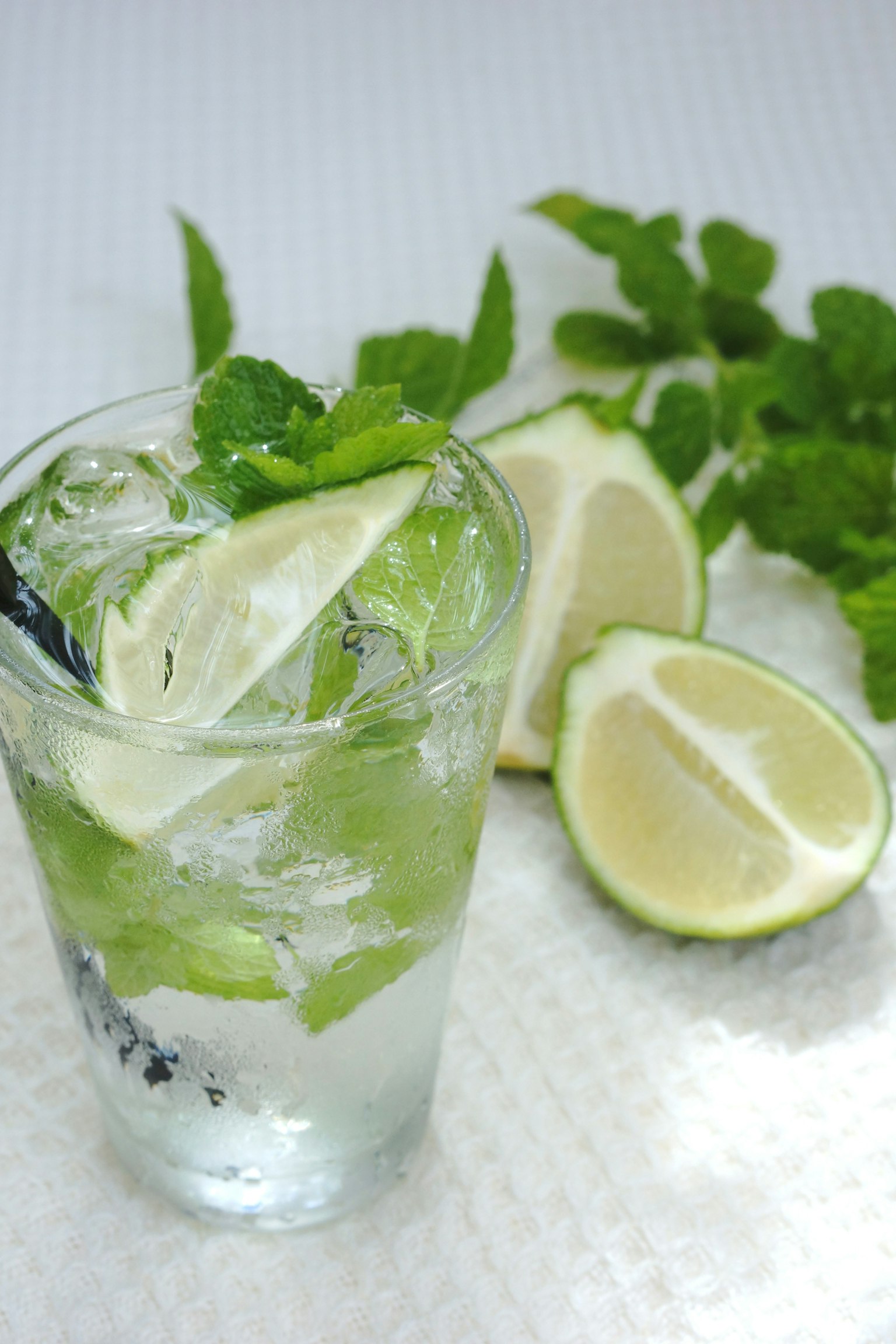 A refreshing cocktail glass with mint and lime