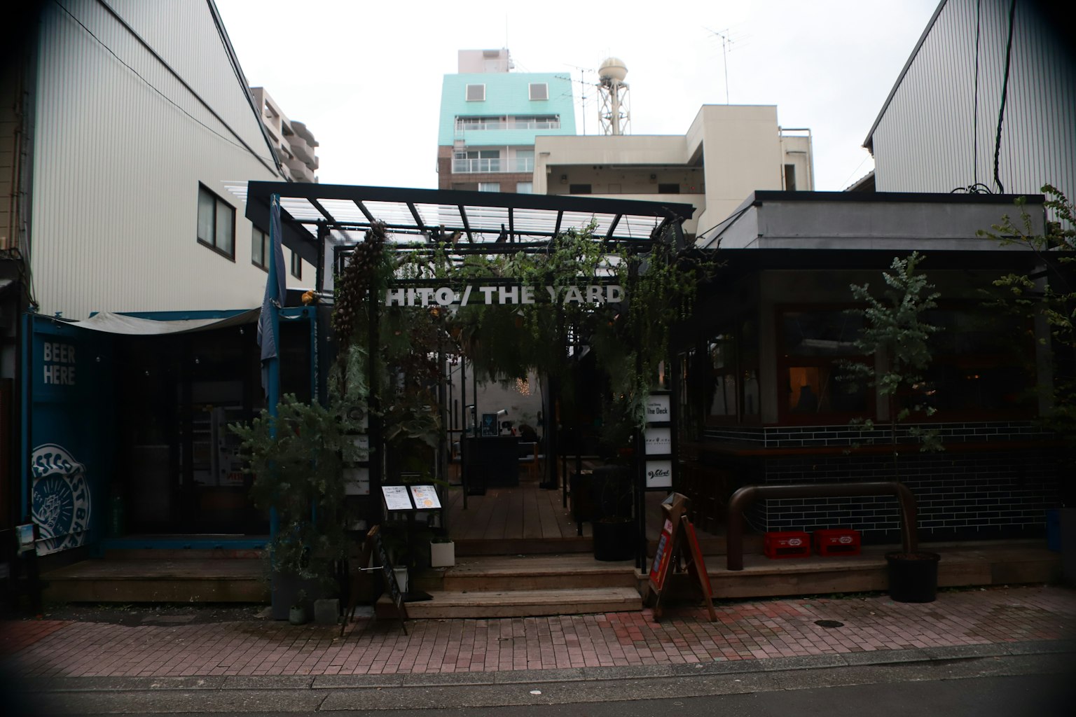 Fachada de una cafetería con plantas verdes en la entrada