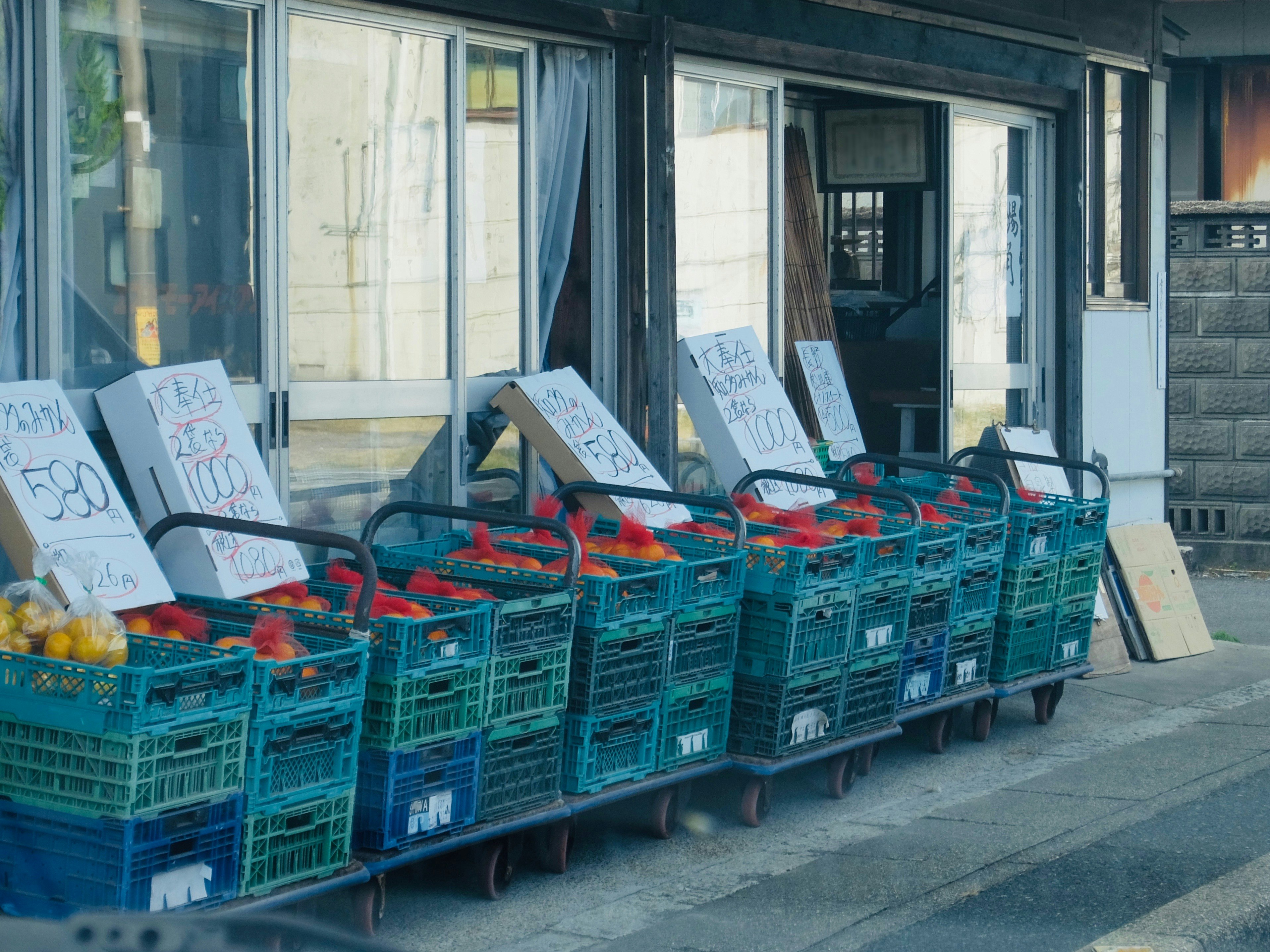 storefront with blue carts holding red bicycles and posted signs