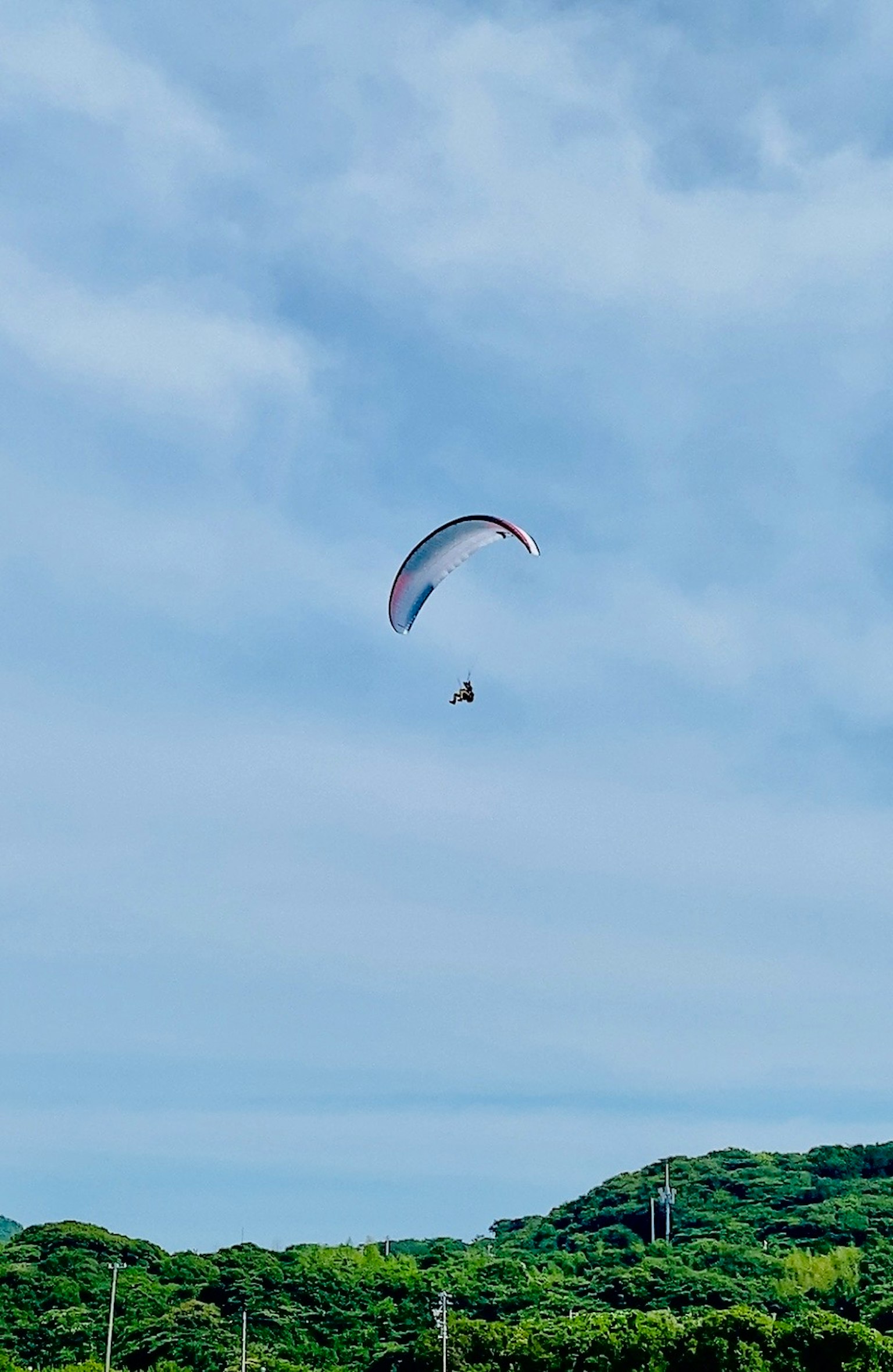 Paralayang terbang di langit biru di atas vegetasi subur