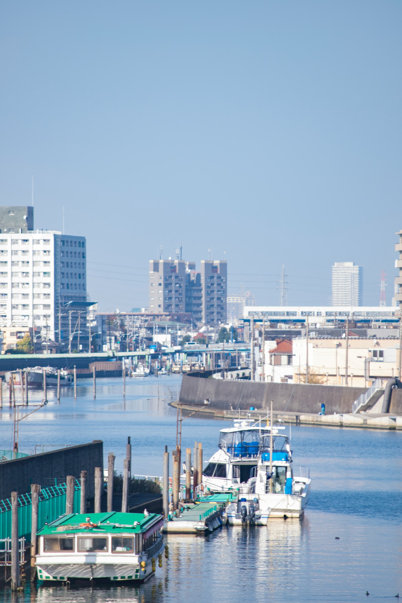 Barcos atracados a lo largo del agua con el horizonte de la ciudad al fondo