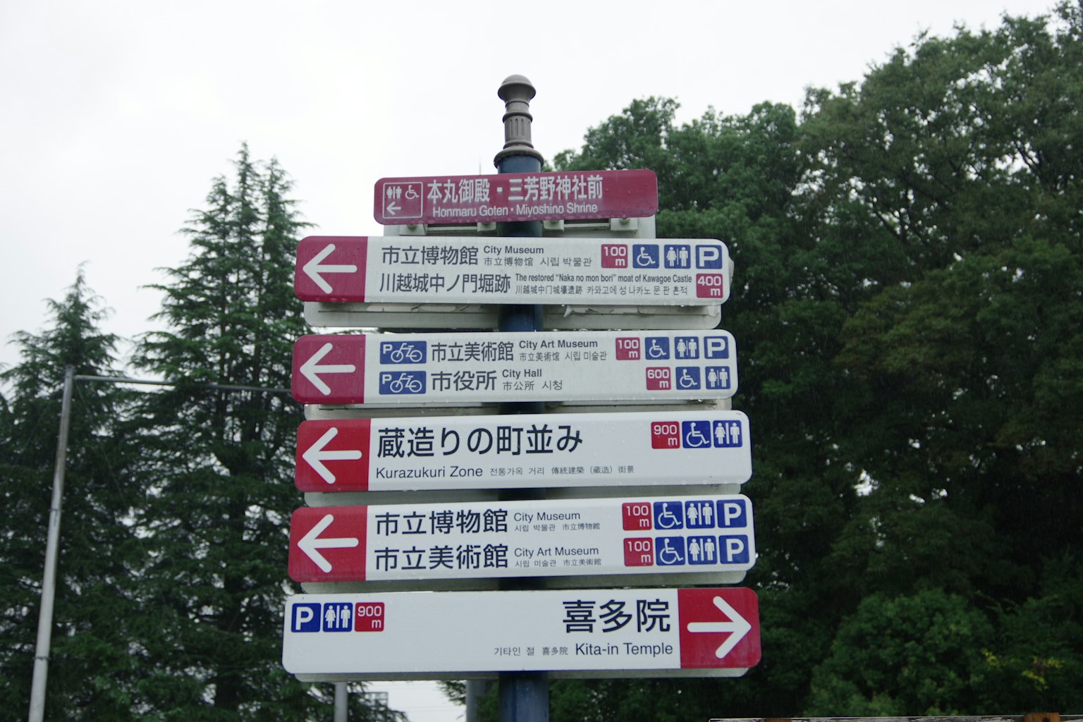 Panneau indicateur avec plusieurs flèches directionnelles affichant des informations en japonais et en anglais