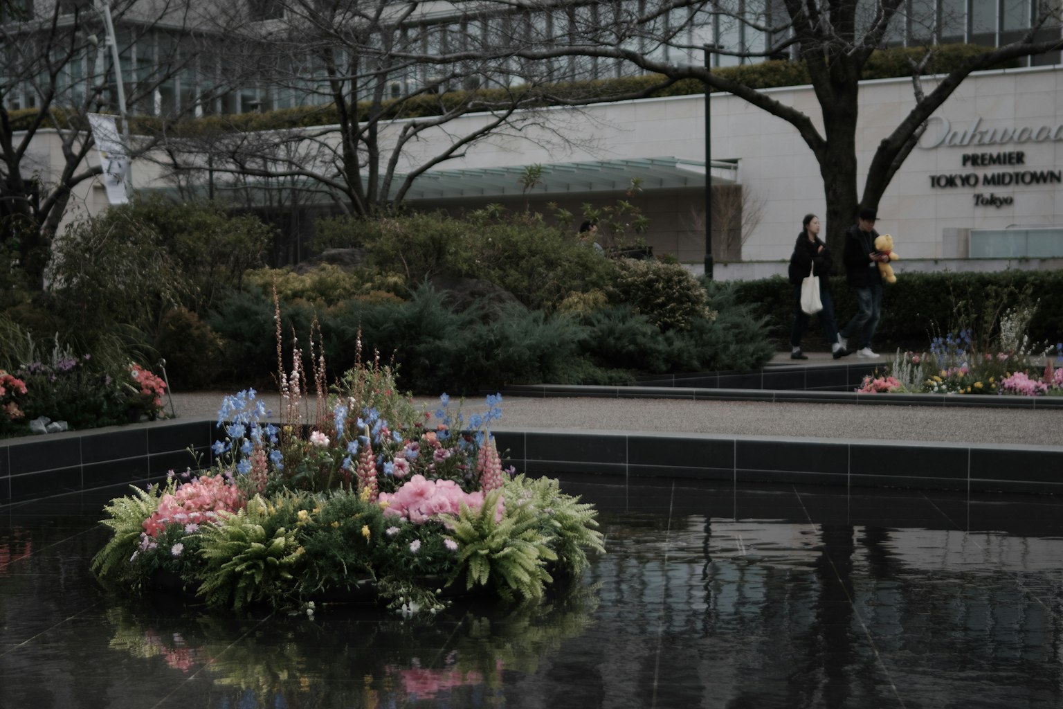 Parkszene mit bunten Blumen und grünen Pflanzen, die im Wasser schwimmen