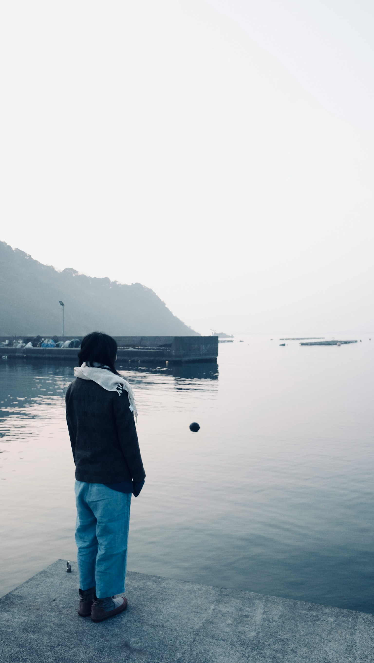 Silhouette of a person standing by the sea with misty mountains in the background