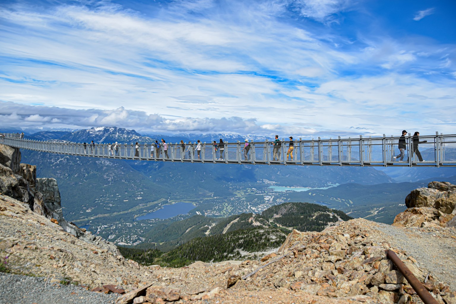 People walking on a suspension bridge with a stunning mountain backdrop