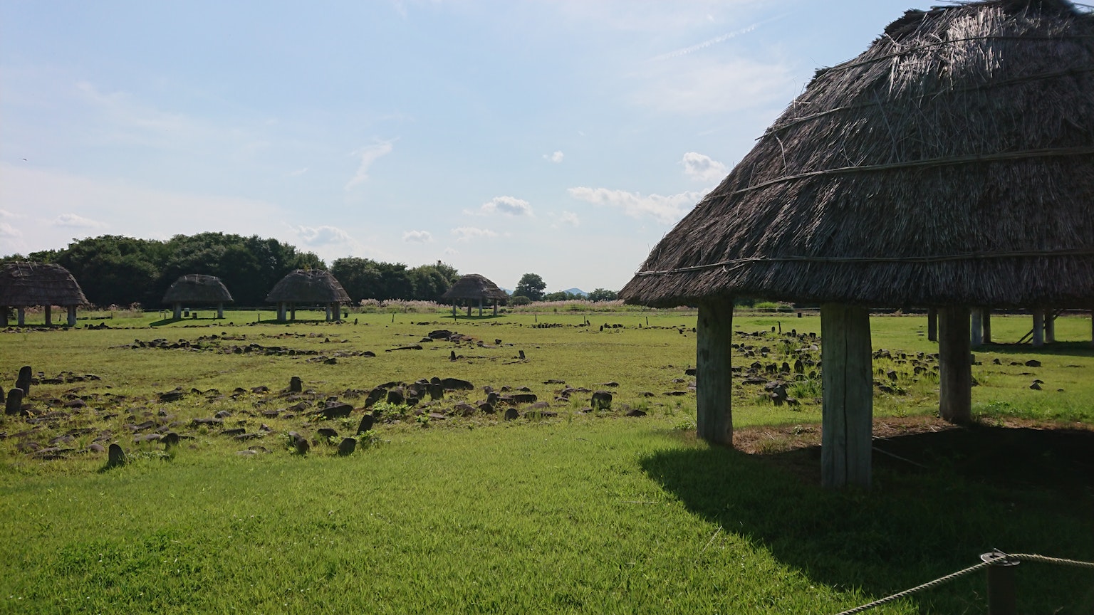 Cabañas tradicionales de techo de paja en un paisaje de hierba bajo un cielo azul